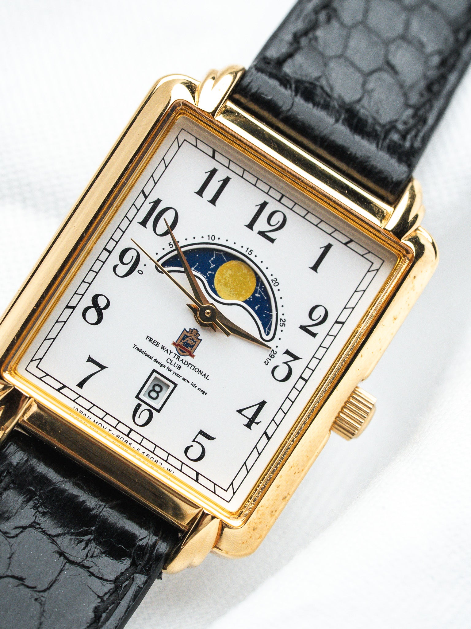 Vintage Free Way Traditional Club watch with gold case, white dial, moon phase, black alligator strap