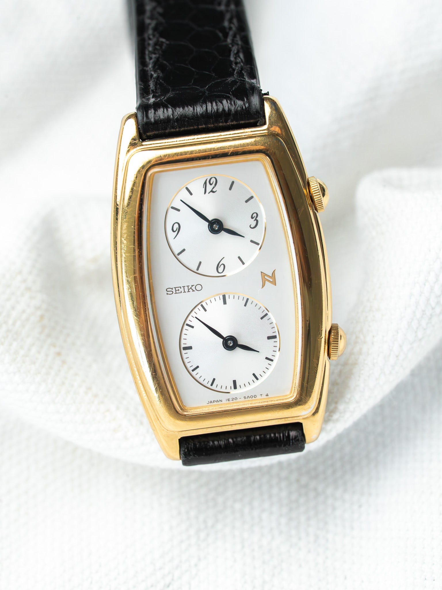 Montre Seiko Dual Time Vintage Or — Double Affichage Tonneau Cuir Noir (2005)