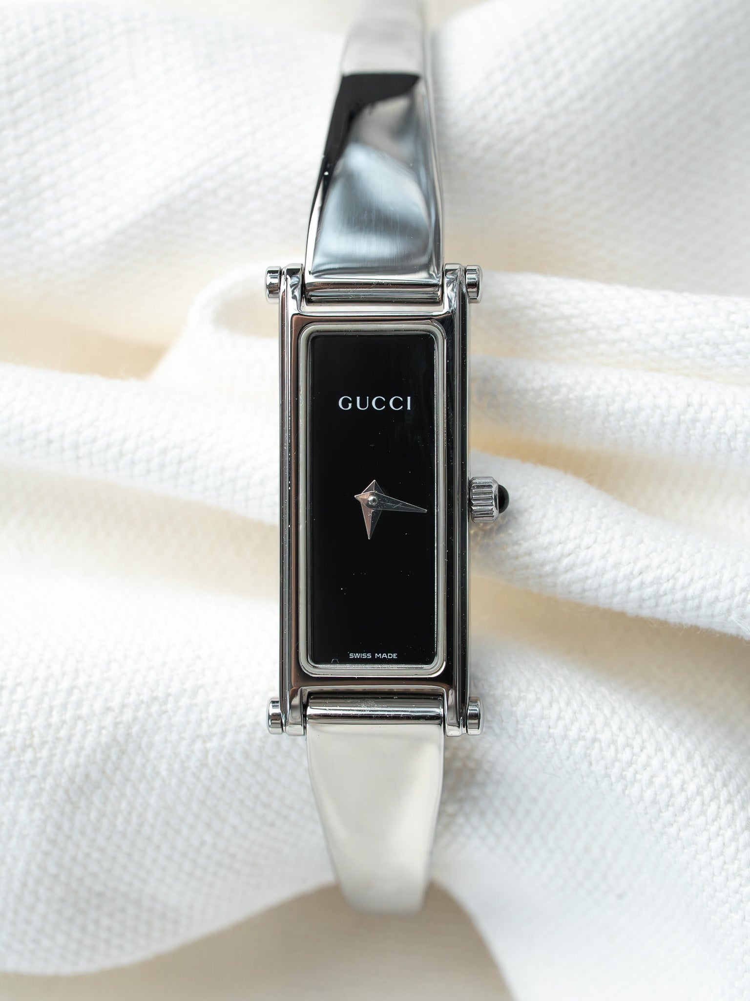 Vintage Gucci 1500 Steel Bangle Bracelet Watch — Black Dial (1990s)