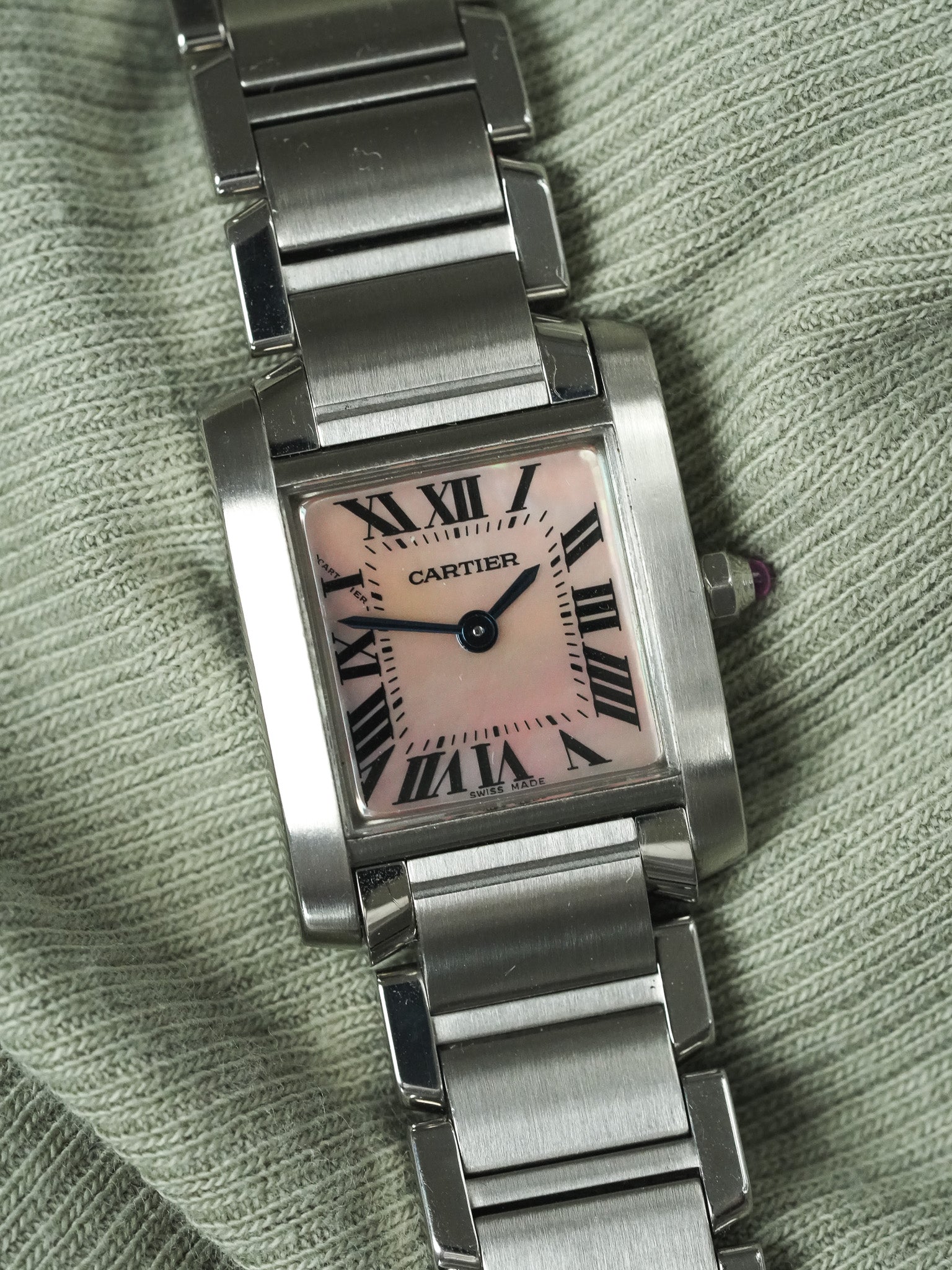 Cartier - Tank 法国 2384 钢 粉红色珍珠母表盘 - 2000年代