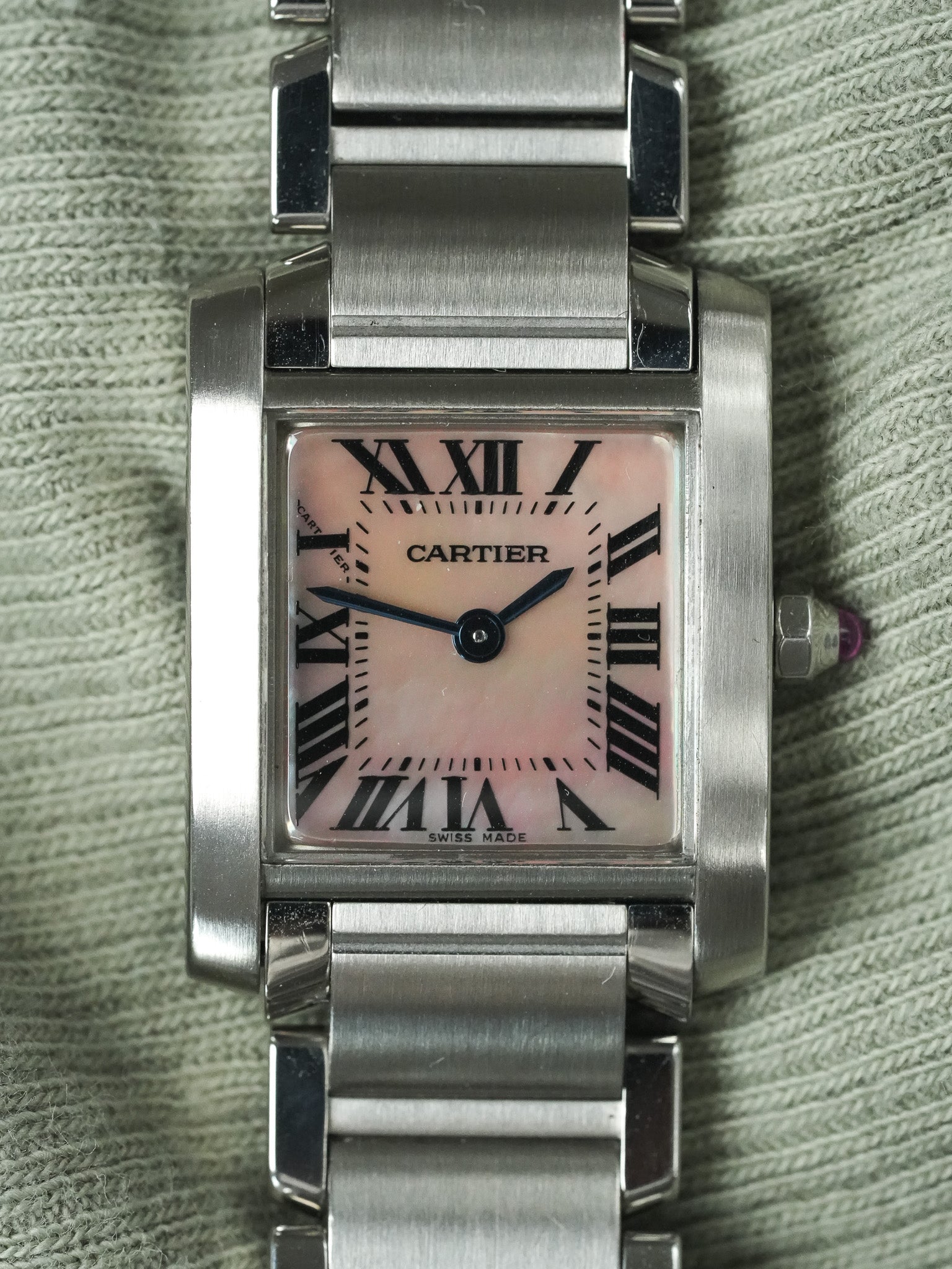 Cartier - Tank 法国 2384 钢 粉红色珍珠母表盘 - 2000年代