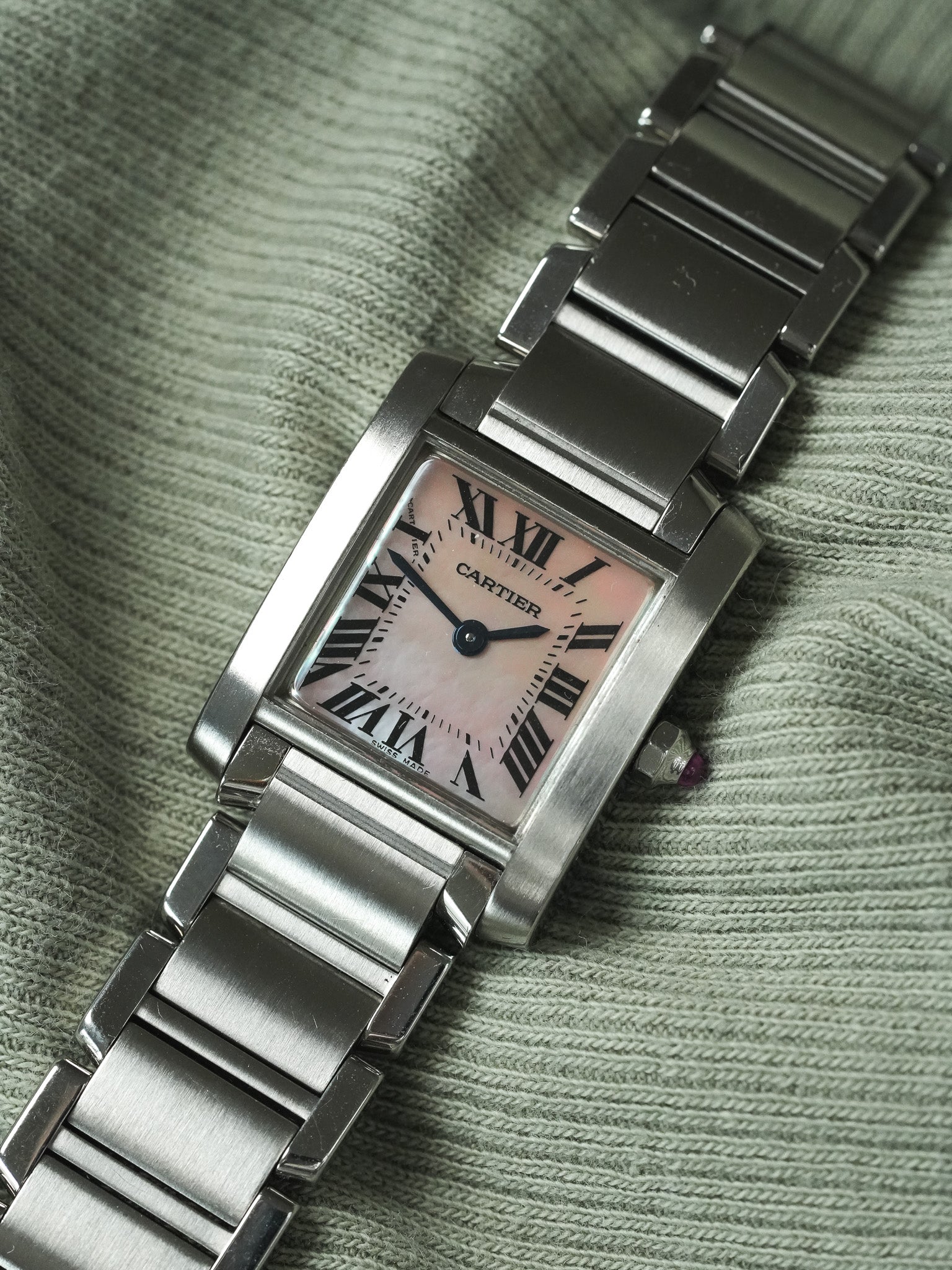 Cartier - Tank 法国 2384 钢 粉红色珍珠母表盘 - 2000年代