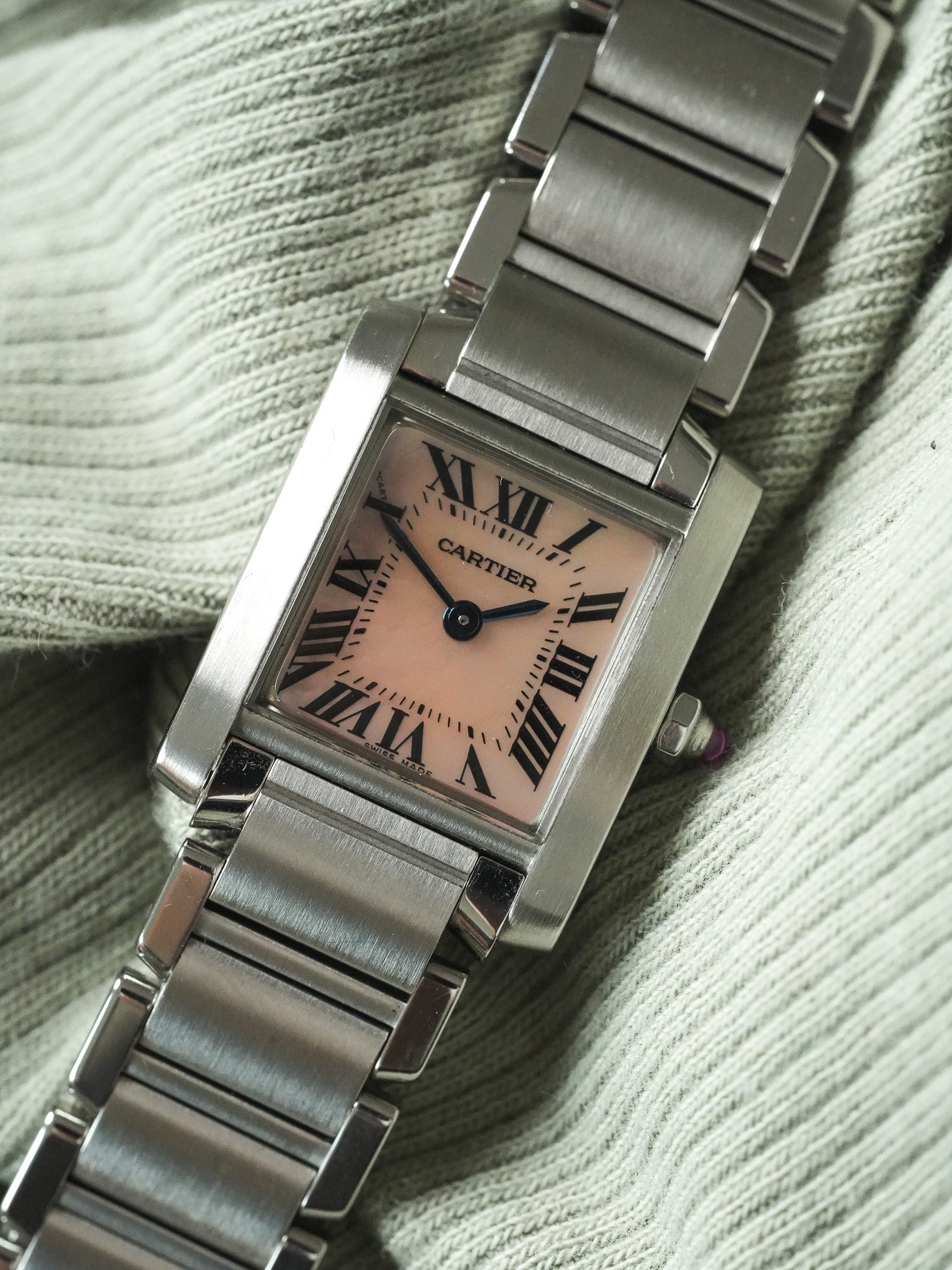 Cartier - Tank 法国 2384 钢 粉红色珍珠母表盘 - 2000年代