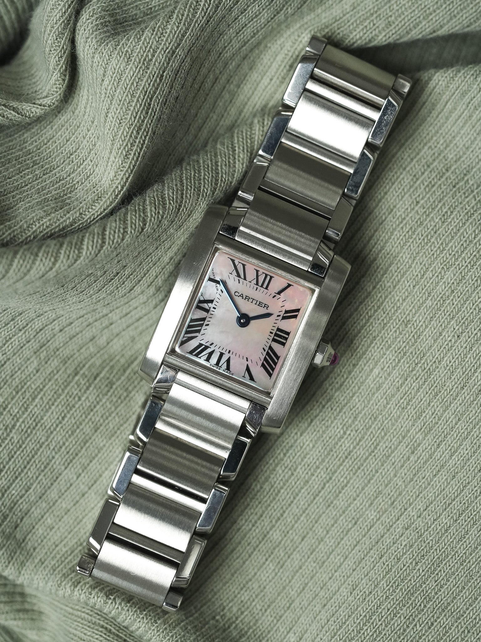 Cartier - Tank 法国 2384 钢 粉红色珍珠母表盘 - 2000年代