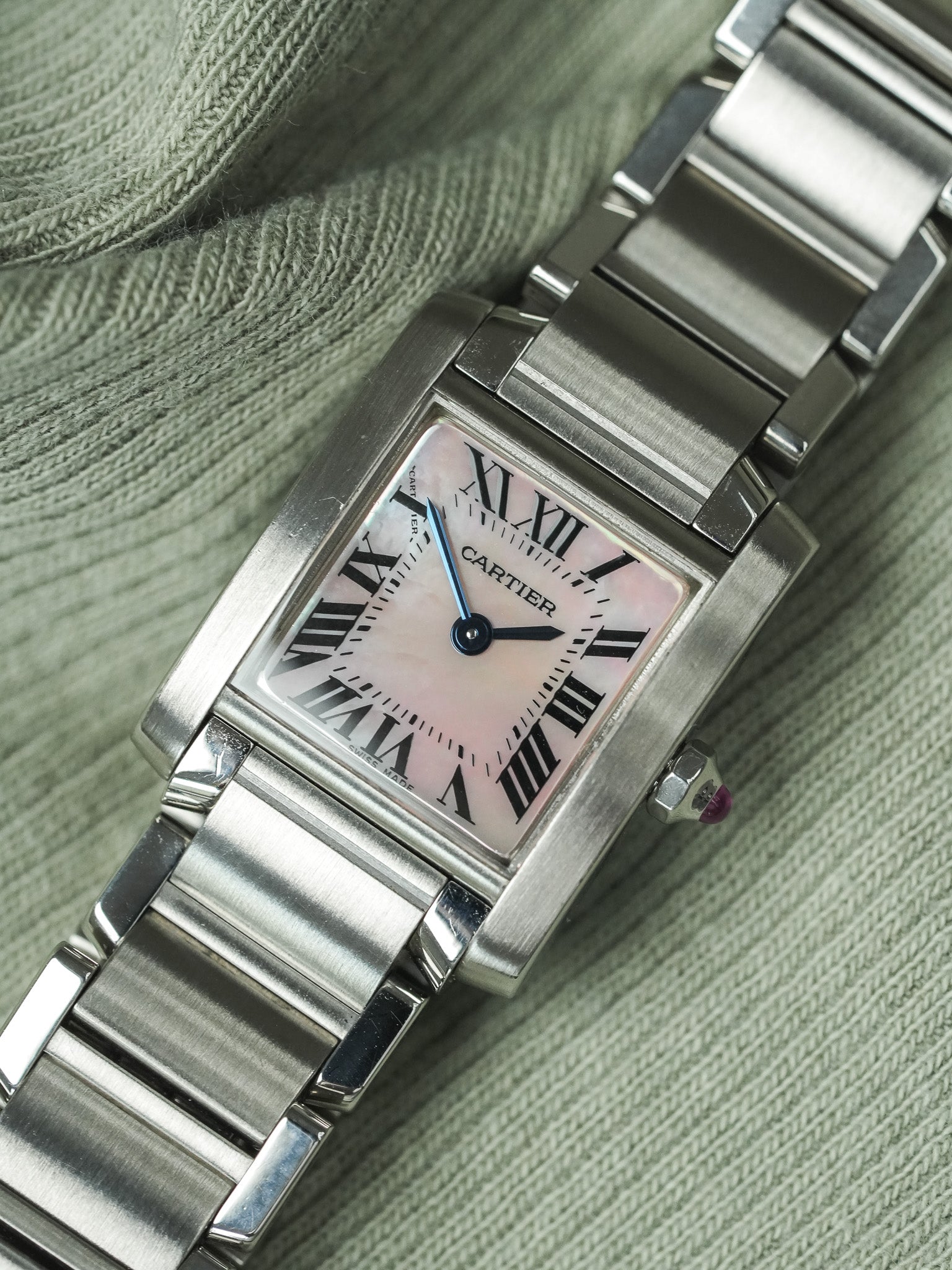 Cartier - Tank 法国 2384 钢 粉红色珍珠母表盘 - 2000年代