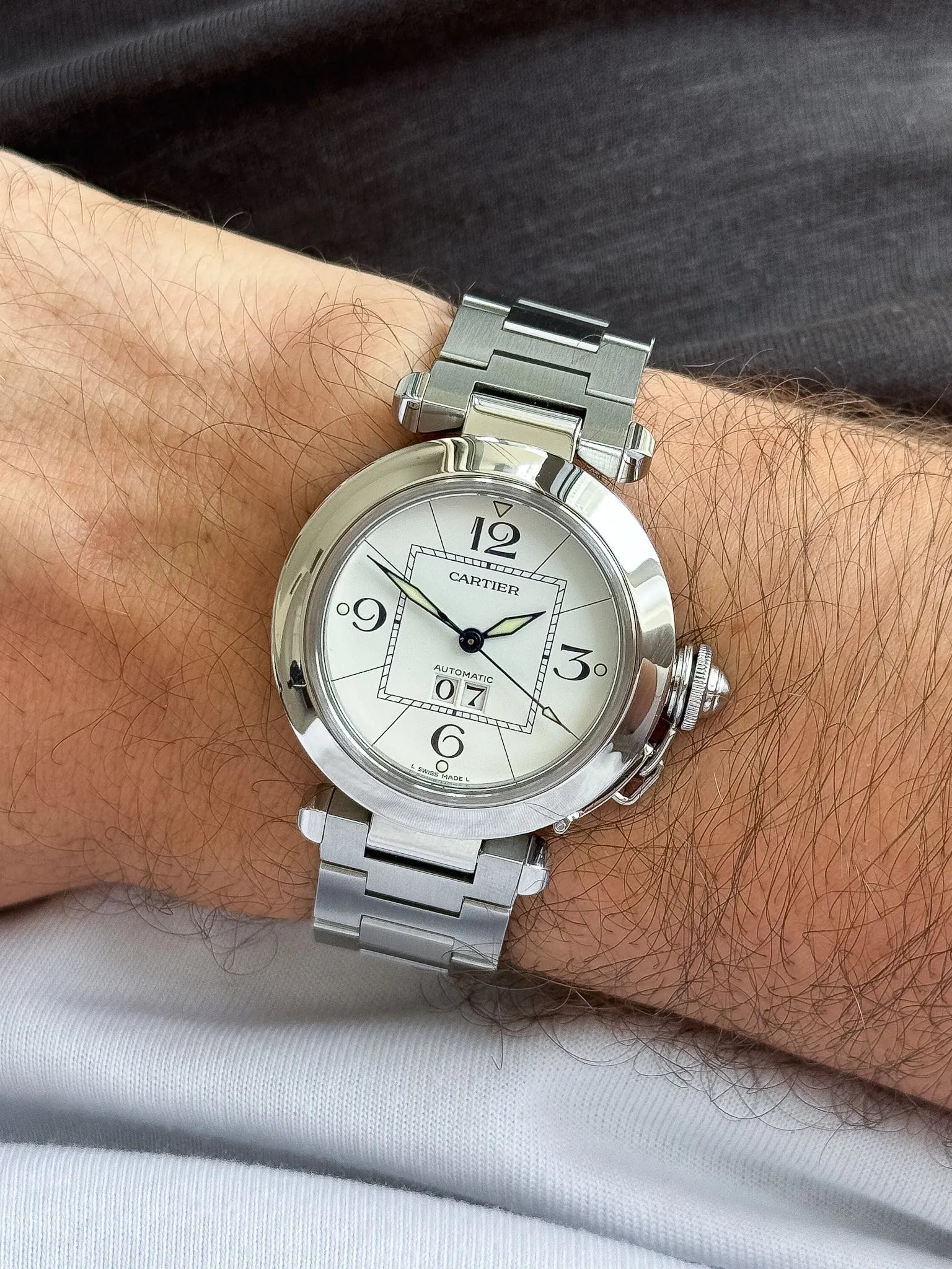 Cartier - Pasha 2475 Großes Datum Weiß Stahl 35mm - 2000er