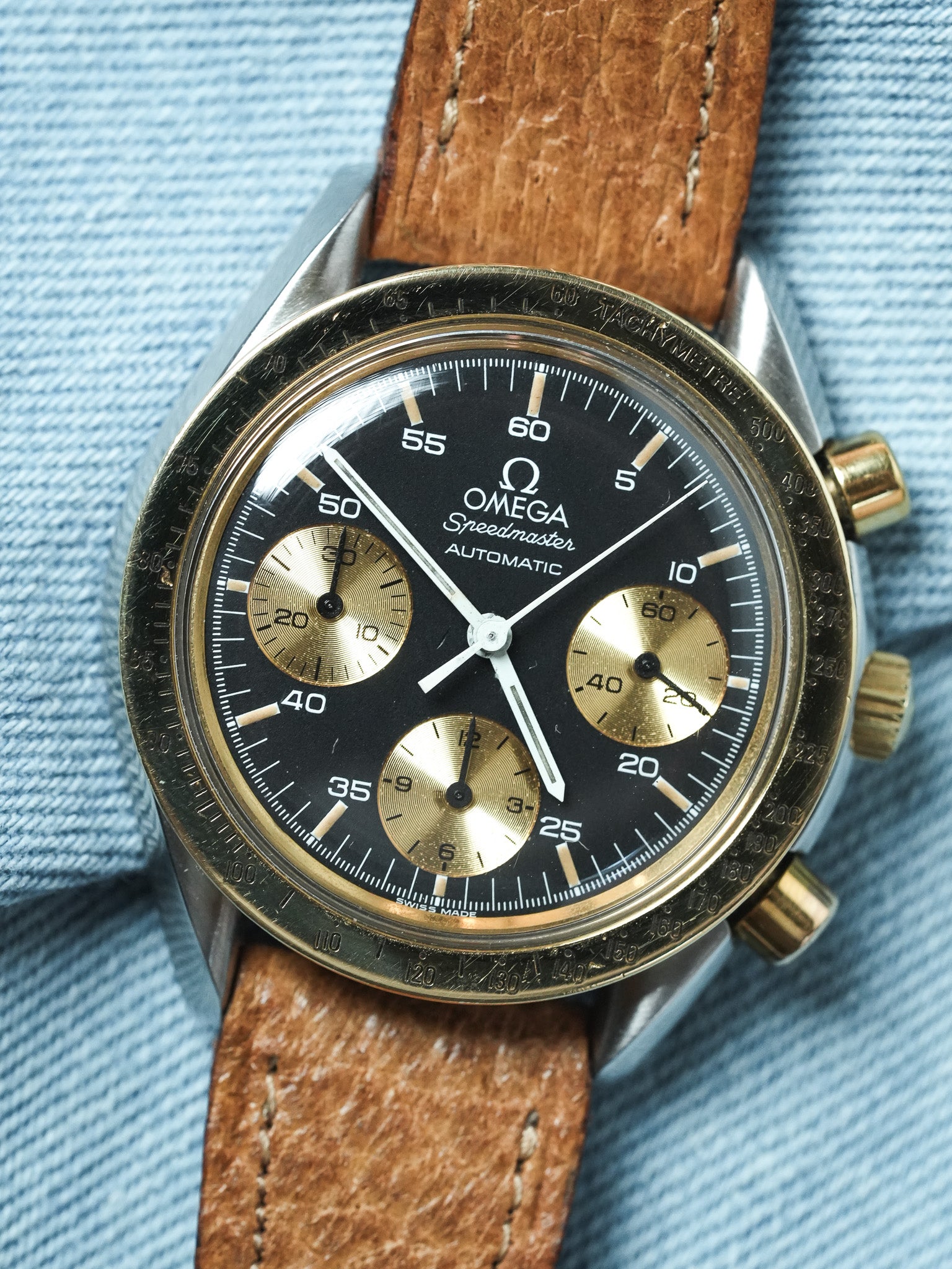 Omega - Speedmaster Ridotto 175.00.33 Acciaio Oro 18k Pelle Quadrante nero - 1990s