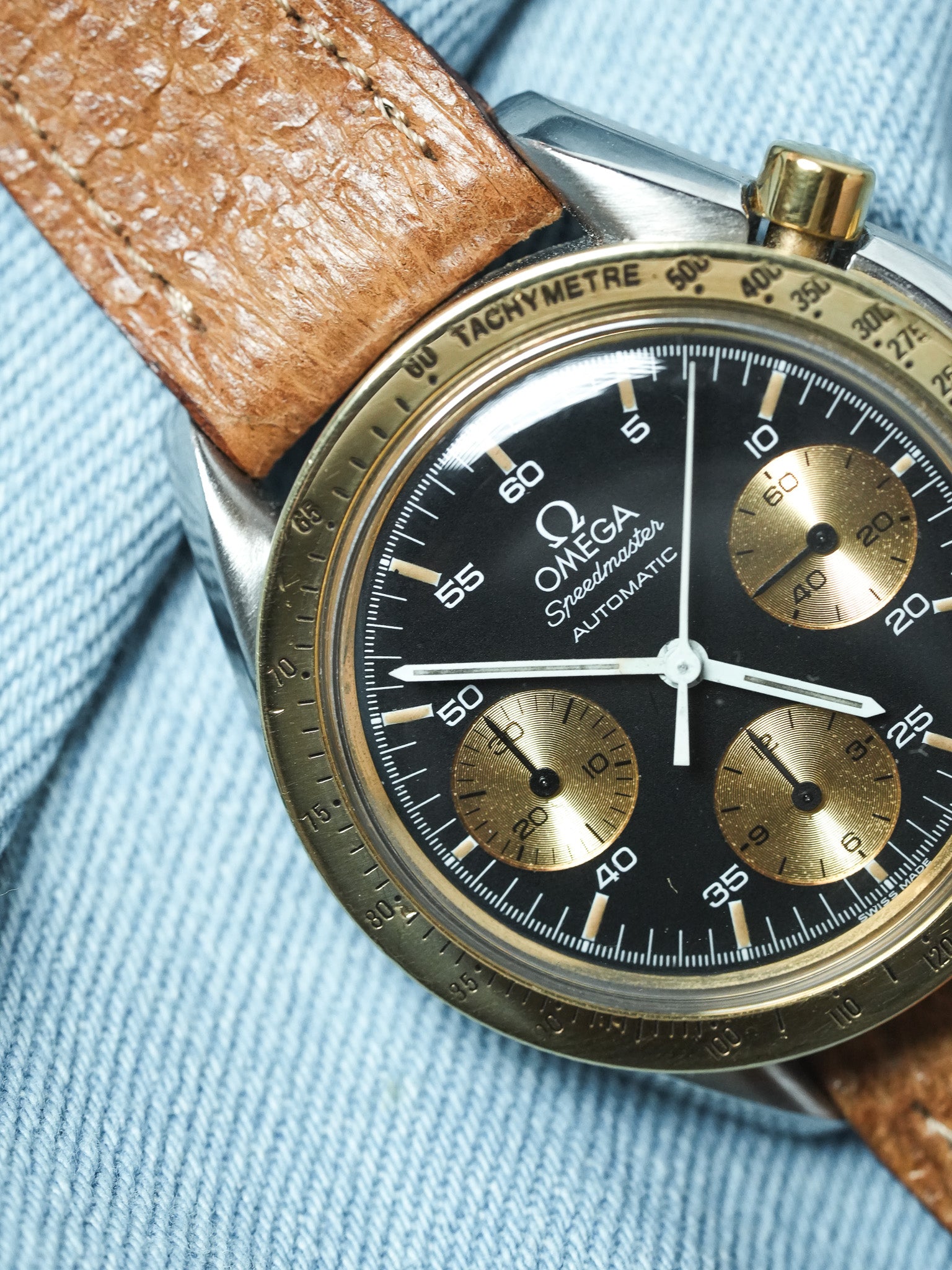 Omega - Speedmaster Ridotto 175.00.33 Acciaio Oro 18k Pelle Quadrante nero - 1990s