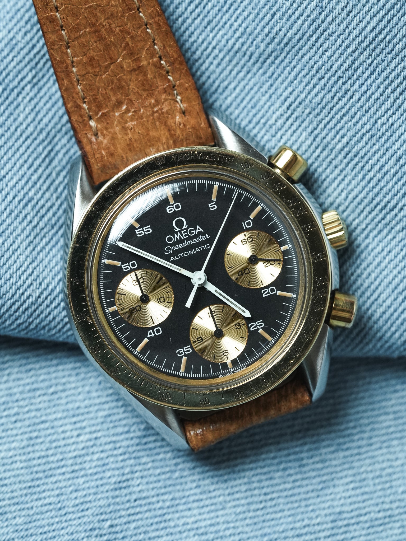 Omega - Speedmaster Ridotto 175.00.33 Acciaio Oro 18k Pelle Quadrante nero - 1990s