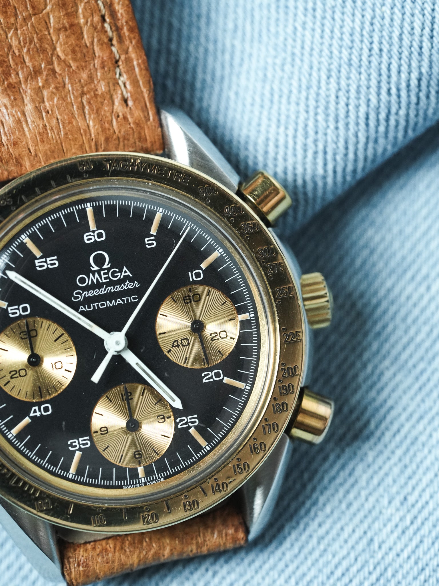 Omega - Speedmaster Ridotto 175.00.33 Acciaio Oro 18k Pelle Quadrante nero - 1990s