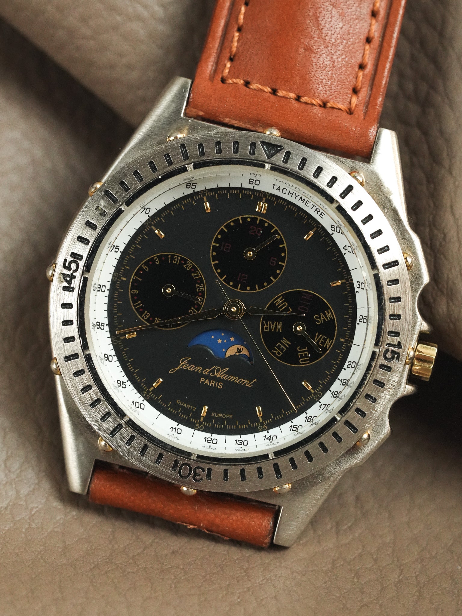 Jean d’Aumont Paris - Acier Triple Date Phase de lune Cadran noir - 1990s