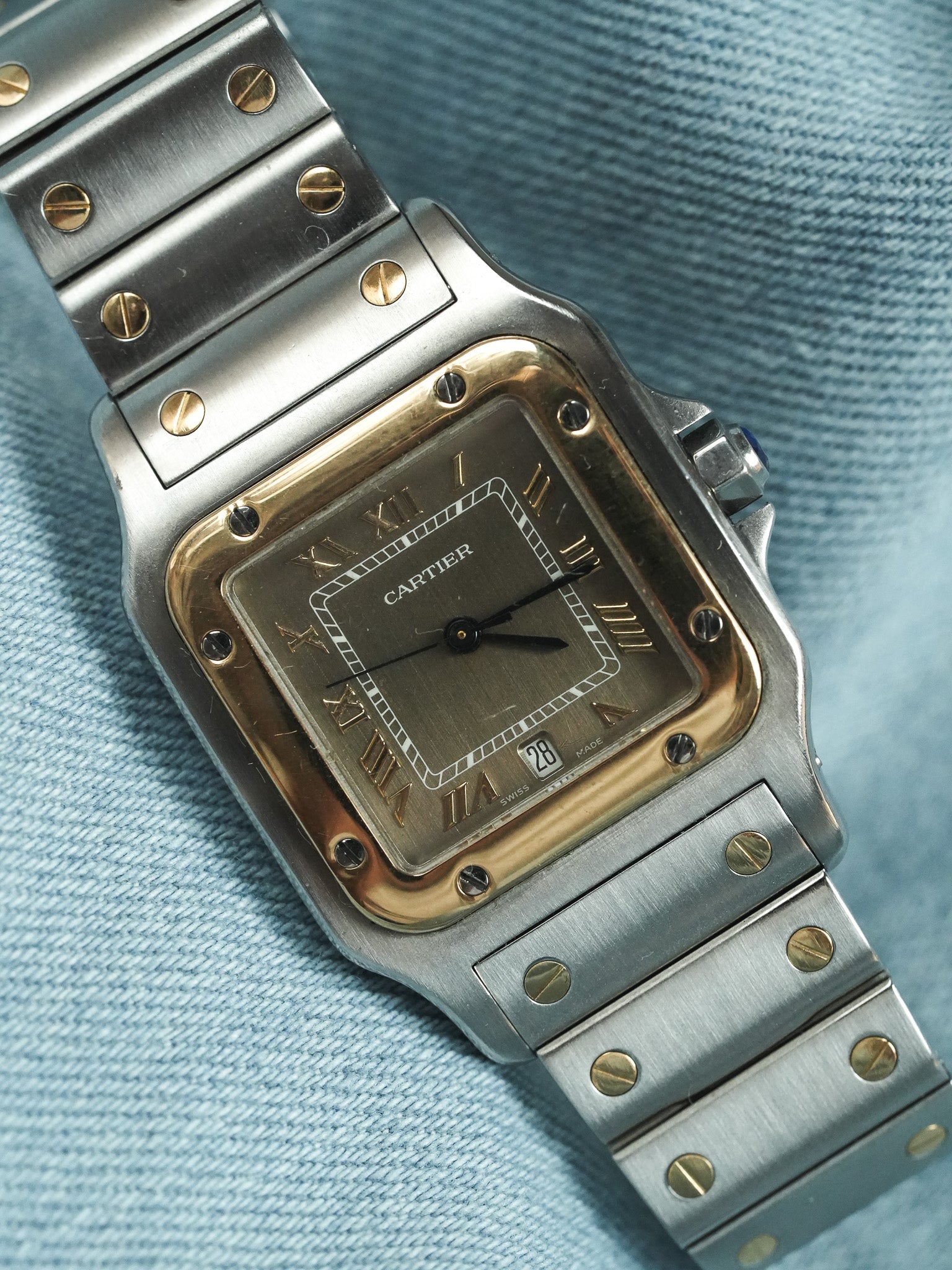 Cartier - Santos Curved 1566 Steel Gold Taupe Dial 29mm - 1990s