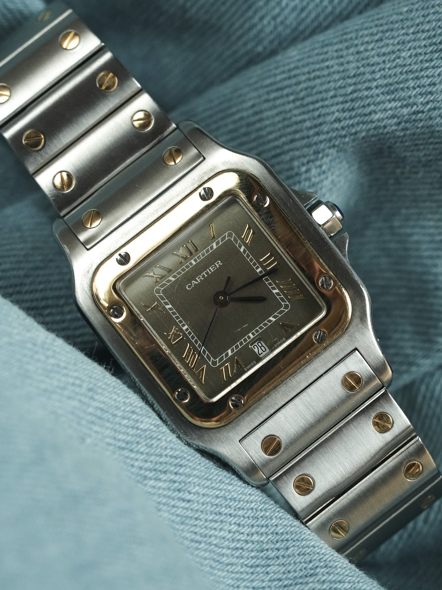 Cartier - Santos Curved 1566 Steel Gold Taupe Dial 29mm - 1990s