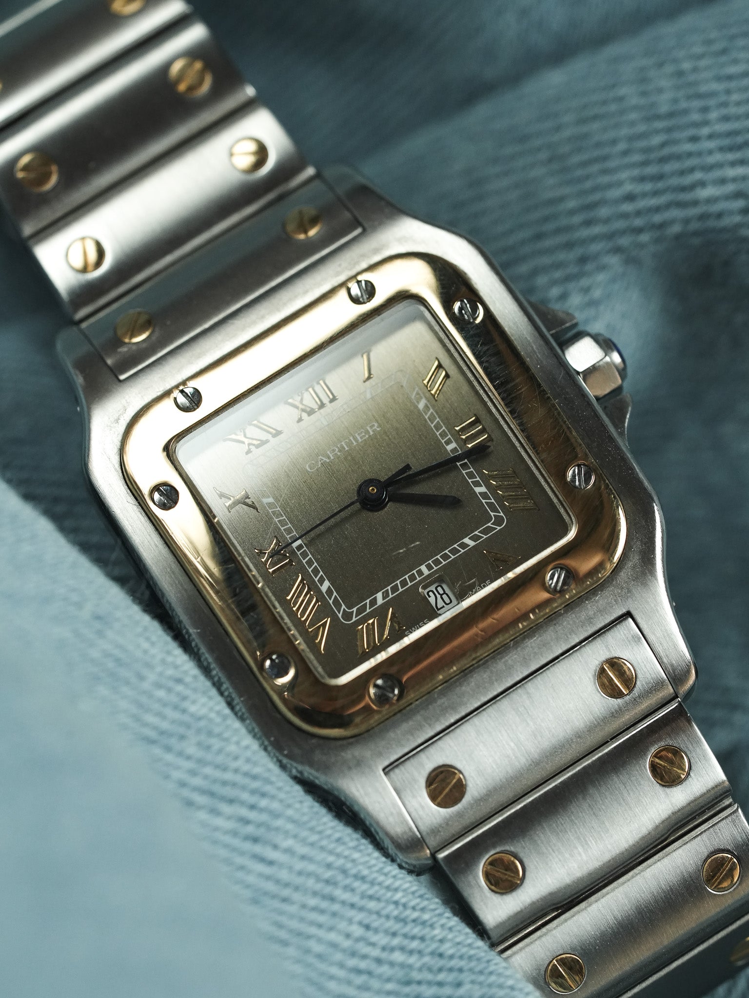Cartier - Santos Curved 1566 Steel Gold Taupe Dial 29mm - 1990s