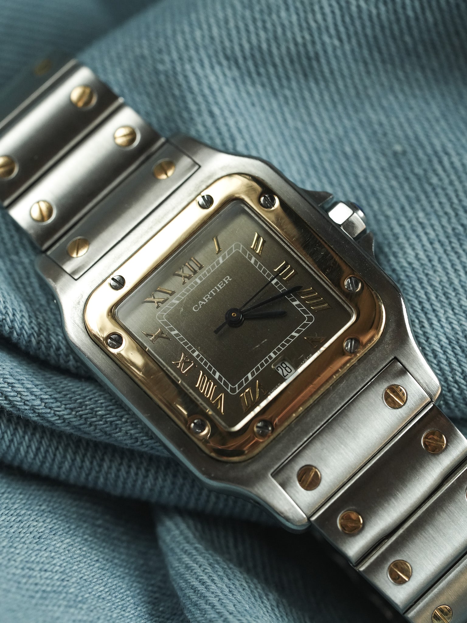 Cartier - Santos Curved 1566 Steel Gold Taupe Dial 29mm - 1990s