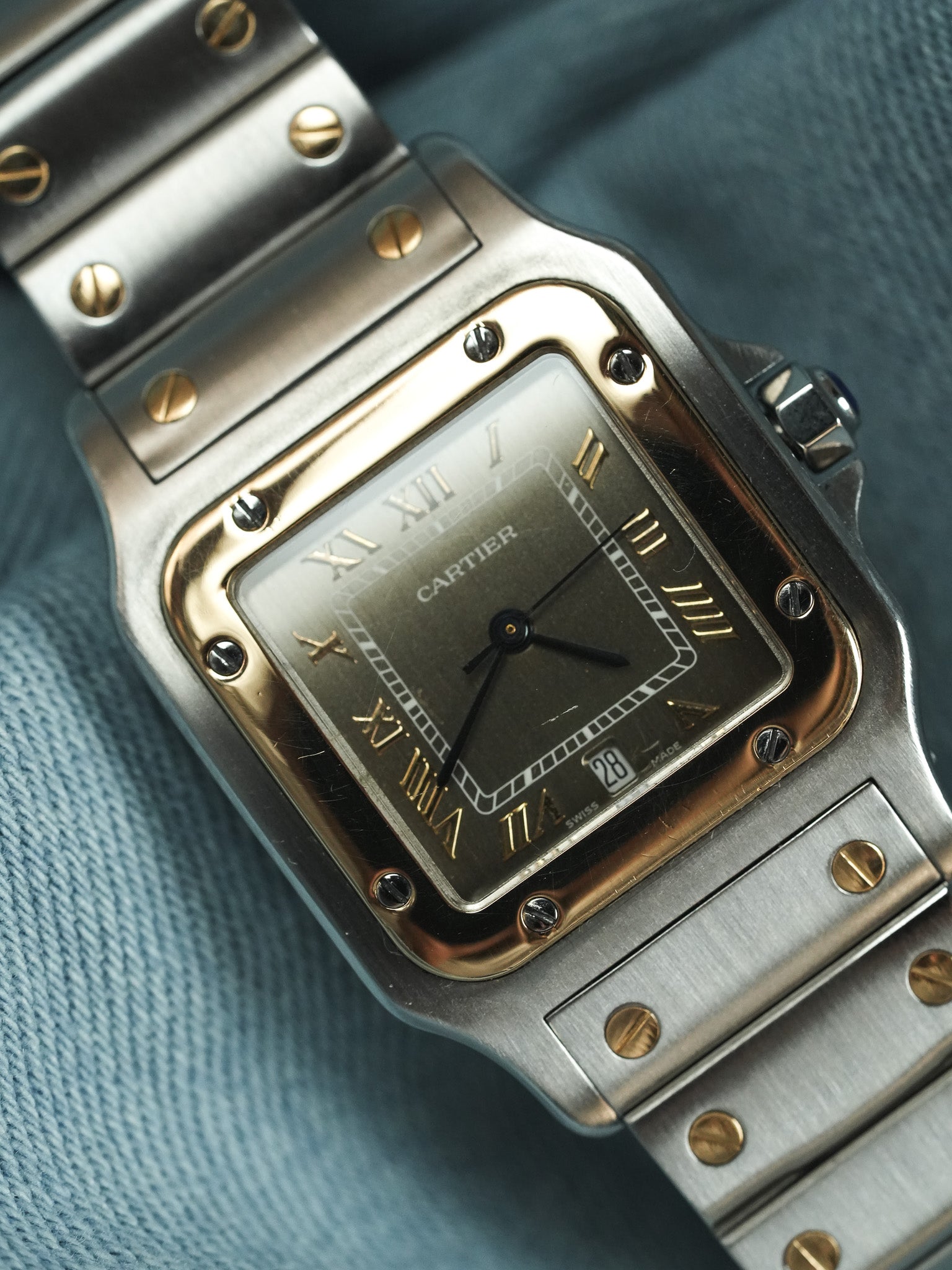 Cartier - Santos Curved 1566 Steel Gold Taupe Dial 29mm - 1990s