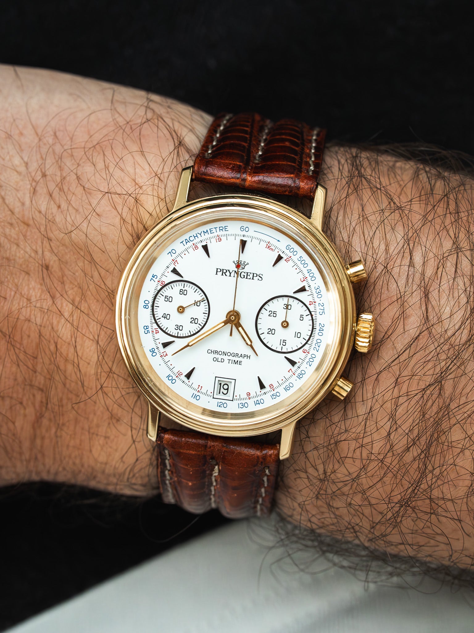 ساعة Pryngeps Chronographe فينتاج - 37 مم مطلية بالذهب (السنوات 1980)