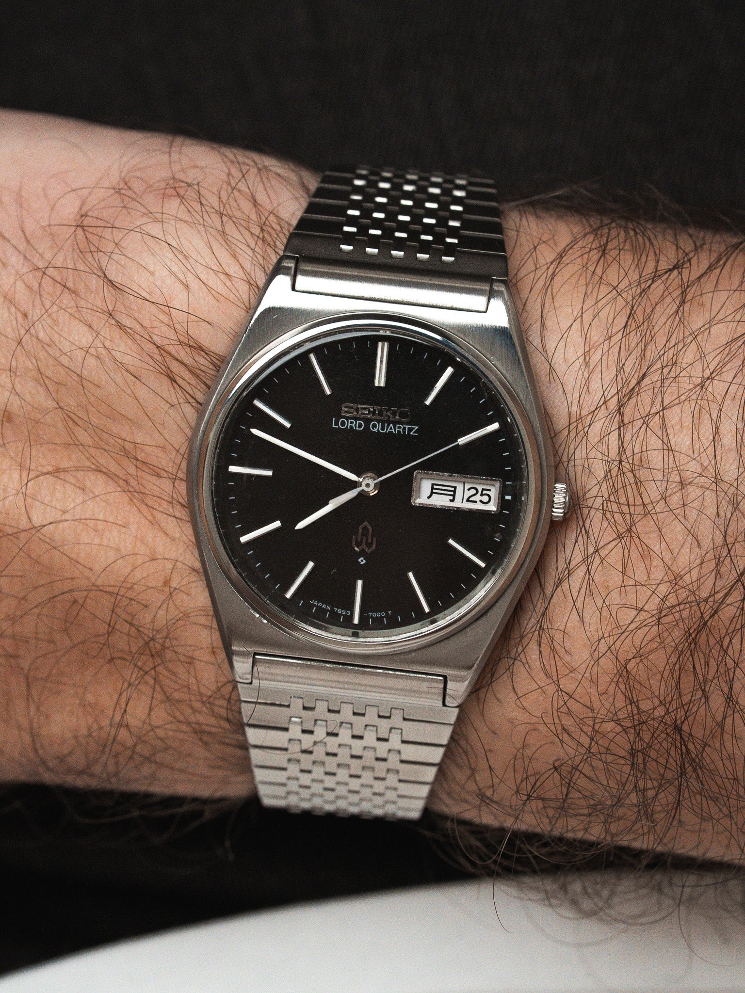 Seiko Lord Quartz 7853 复古腕表 — 黑色表盘,日历-星期 Kanji(1978)