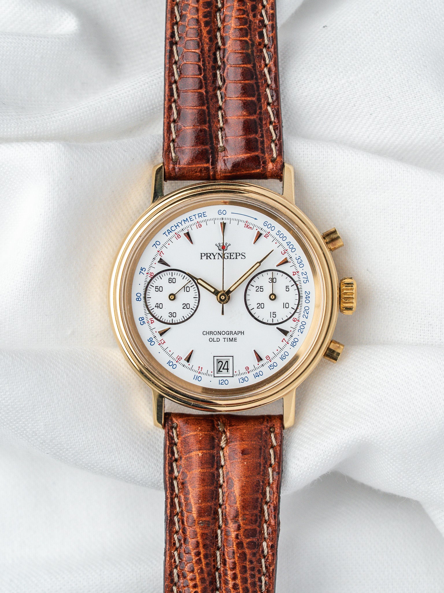 ساعة Pryngeps Chronographe فينتاج - 37 مم مطلية بالذهب (السنوات 1980)