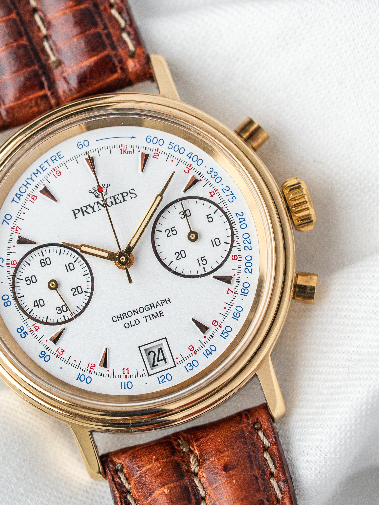 ساعة Pryngeps Chronographe فينتاج - 37 مم مطلية بالذهب (السنوات 1980)