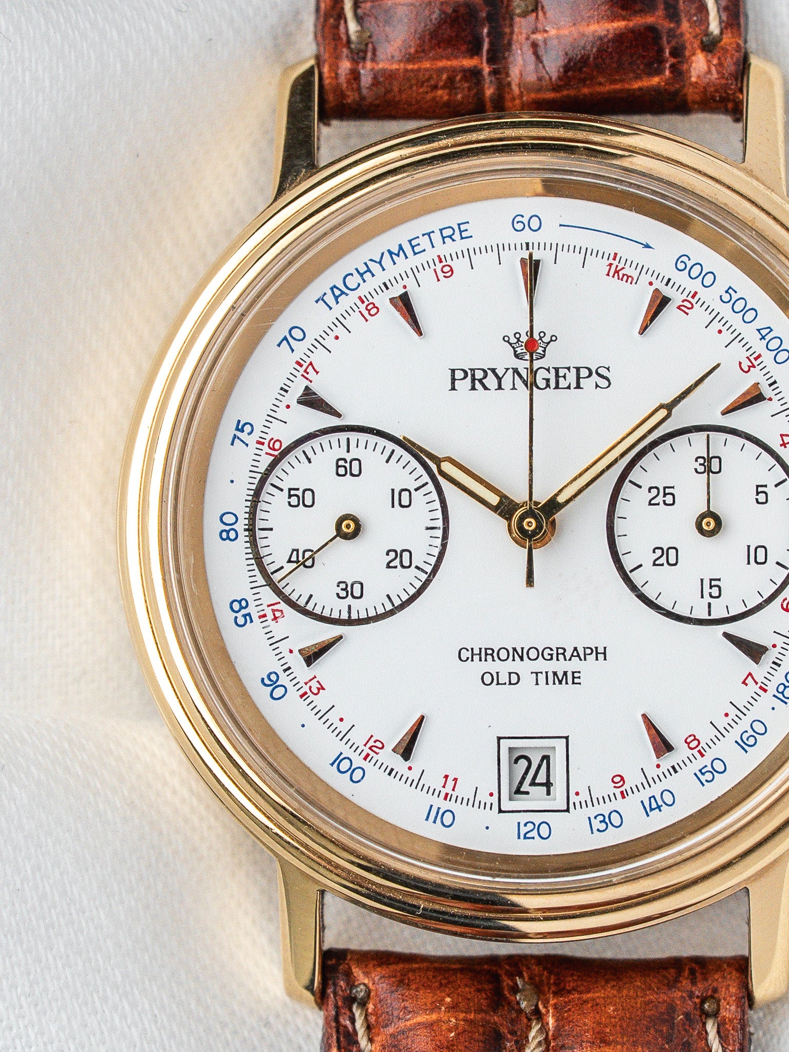 ساعة Pryngeps Chronographe فينتاج - 37 مم مطلية بالذهب (السنوات 1980)