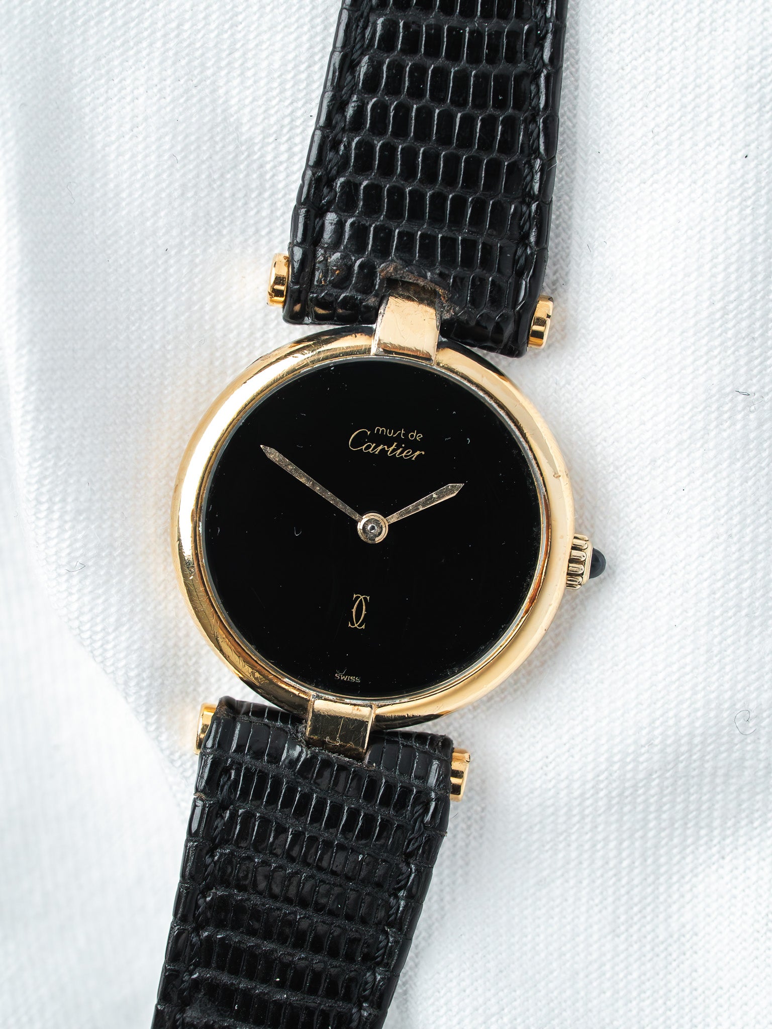 Cartier Must Vendôme 590004 镀金腕表 — 黑色缟玛瑙表盘 (1990s)