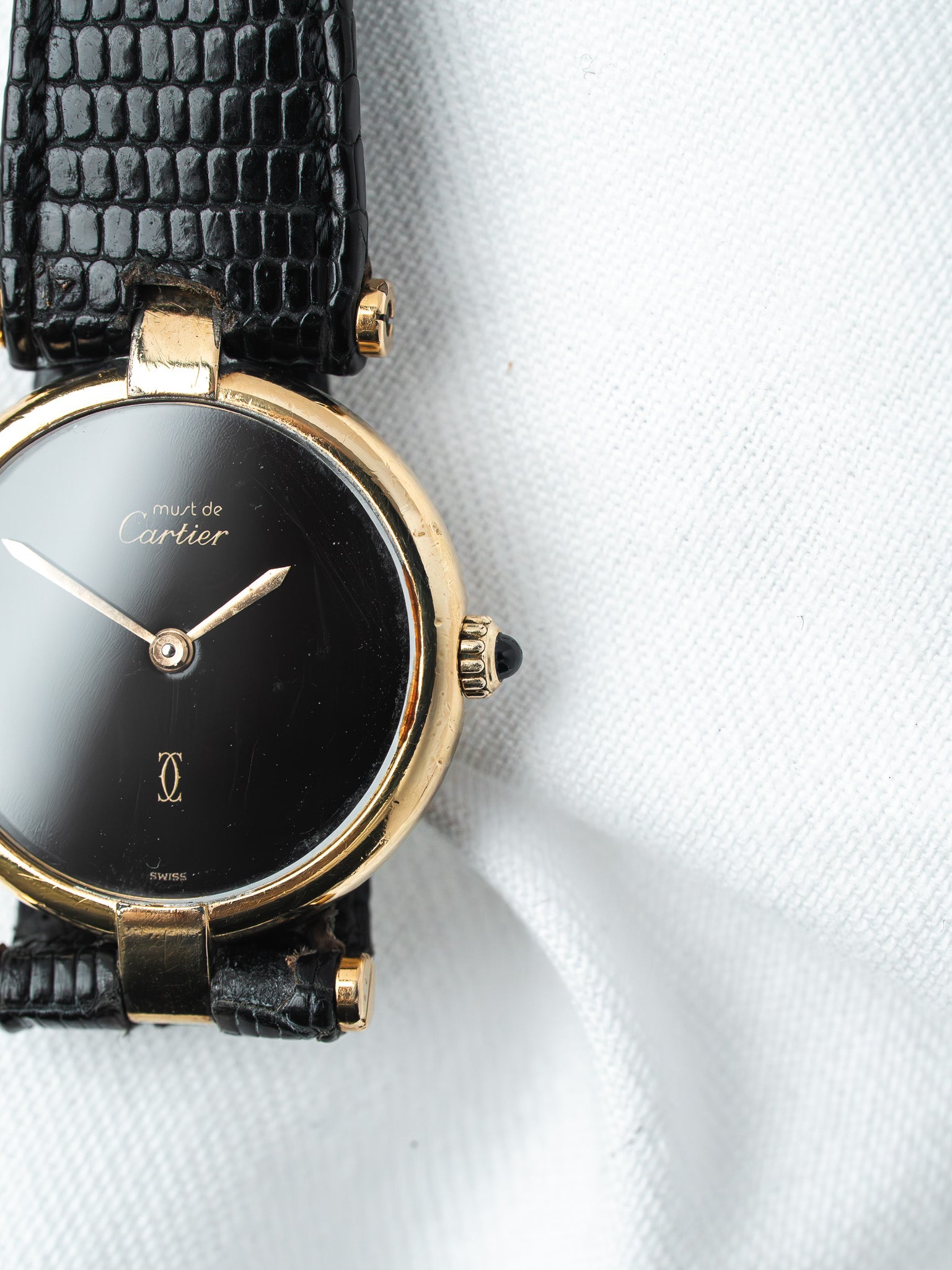 Cartier Must Vendôme 590004 镀金腕表 — 黑色缟玛瑙表盘 (1990s)