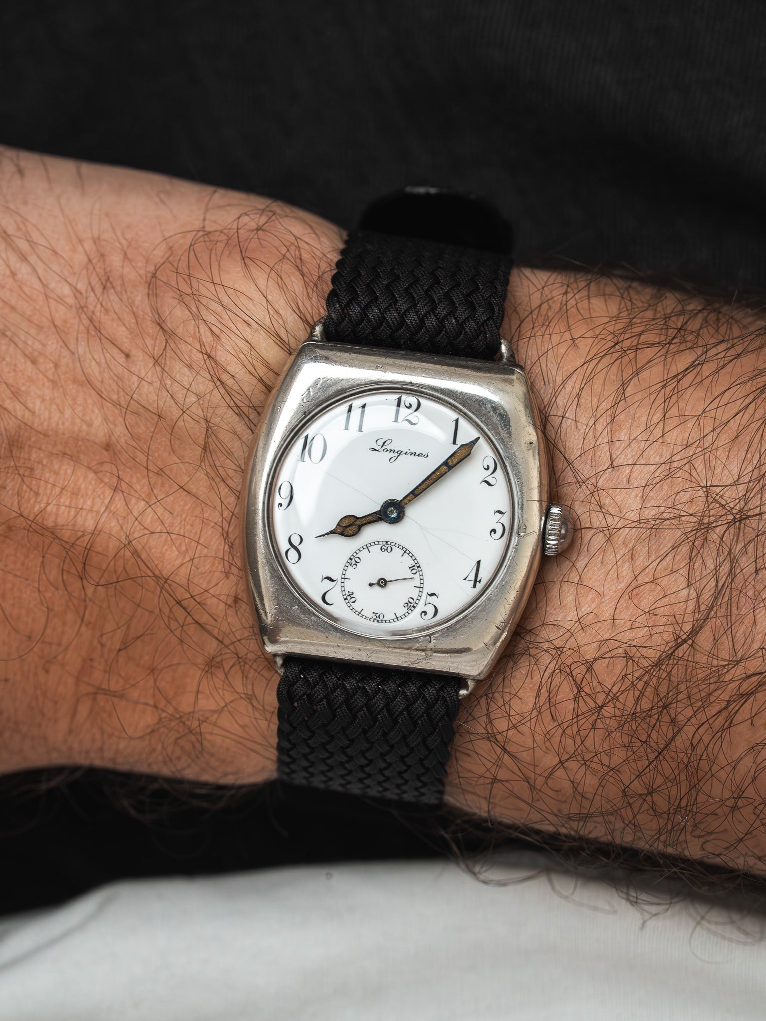 80s Vintage Longines リネン文字盤 シルバートーン Longines Vintage - Cushion Silver Enamel Trench Watch WWI (1915