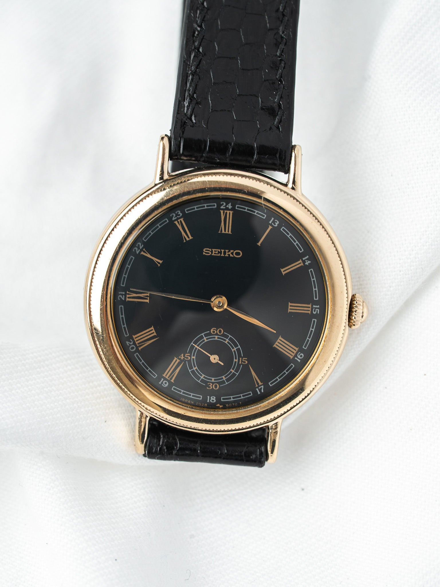 Montre Seiko 2G28-6060 Plaqué Or — Cadran Bleu Nuit 24h (1985)