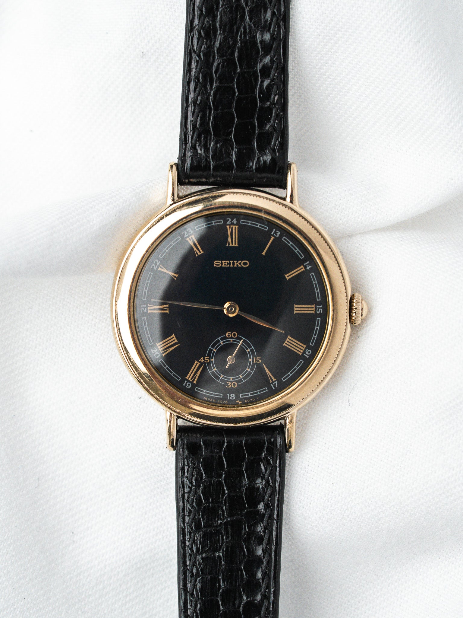 Montre Seiko 2G28-6060 Plaqué Or — Cadran Bleu Nuit 24h (1985)