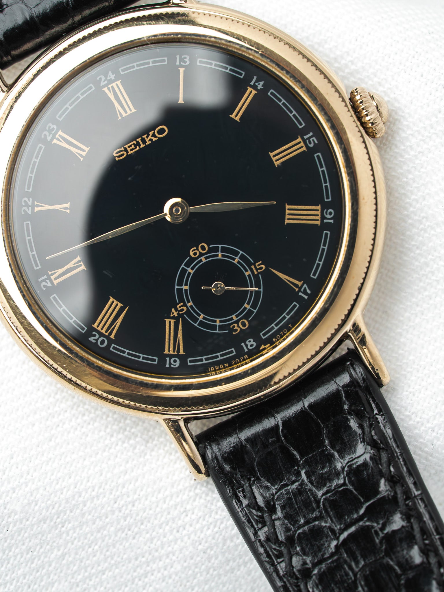 Montre Seiko 2G28-6060 Plaqué Or — Cadran Bleu Nuit 24h (1985)