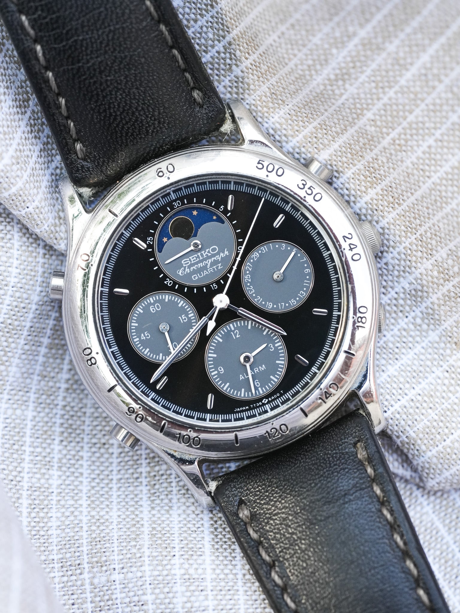 Seiko - Acier Phase de Lune Chronographe noir - 1991