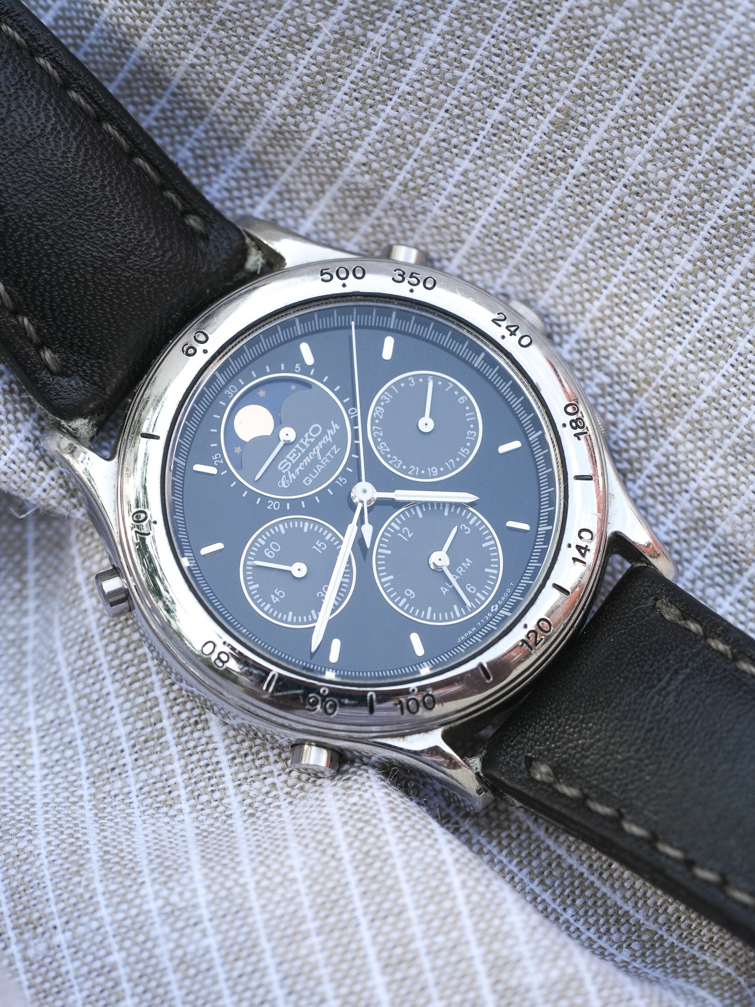 Seiko - Acier Phase de Lune Chronographe noir - 1991