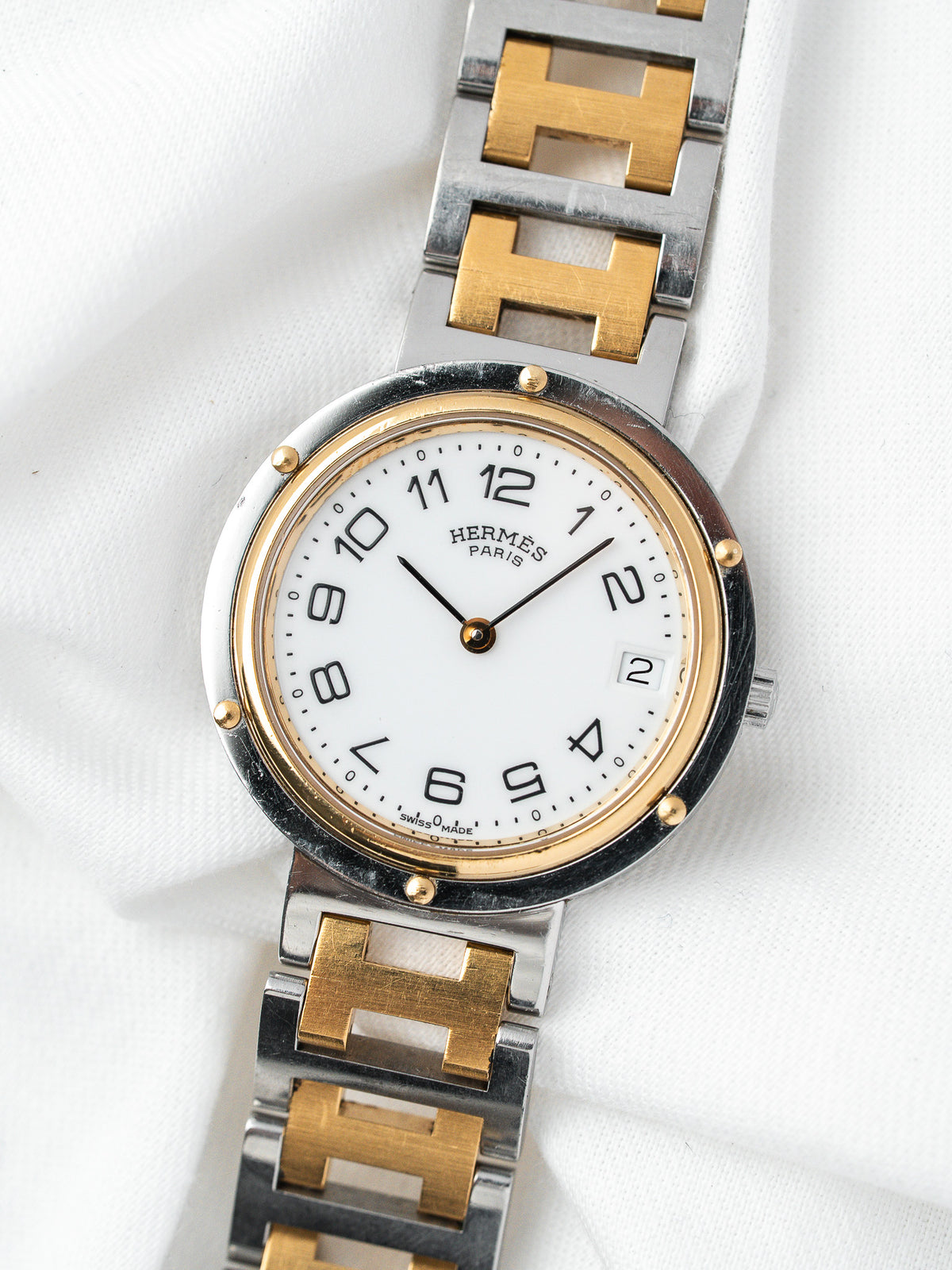 Montre Hermès Clipper 34mm Bicolore — Lunette Rivetée (1990s)