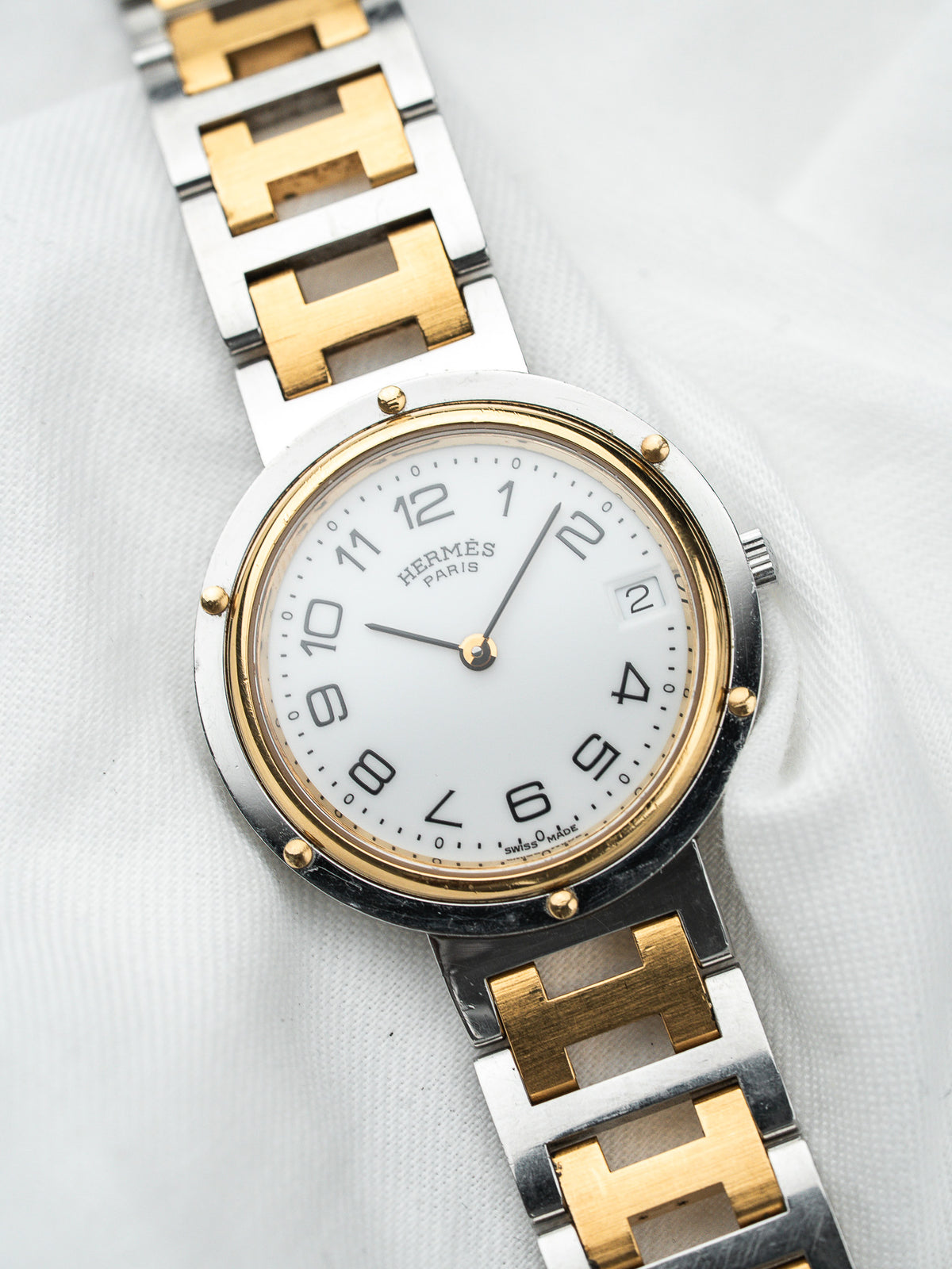 Montre Hermès Clipper 34mm Bicolore — Lunette Rivetée (1990s)