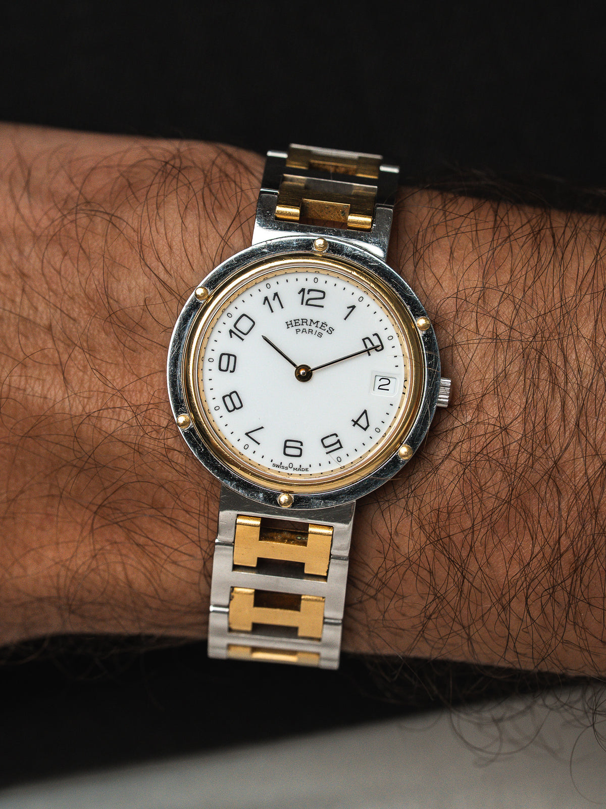 Montre Hermès Clipper 34mm Bicolore — Lunette Rivetée (1990s)
