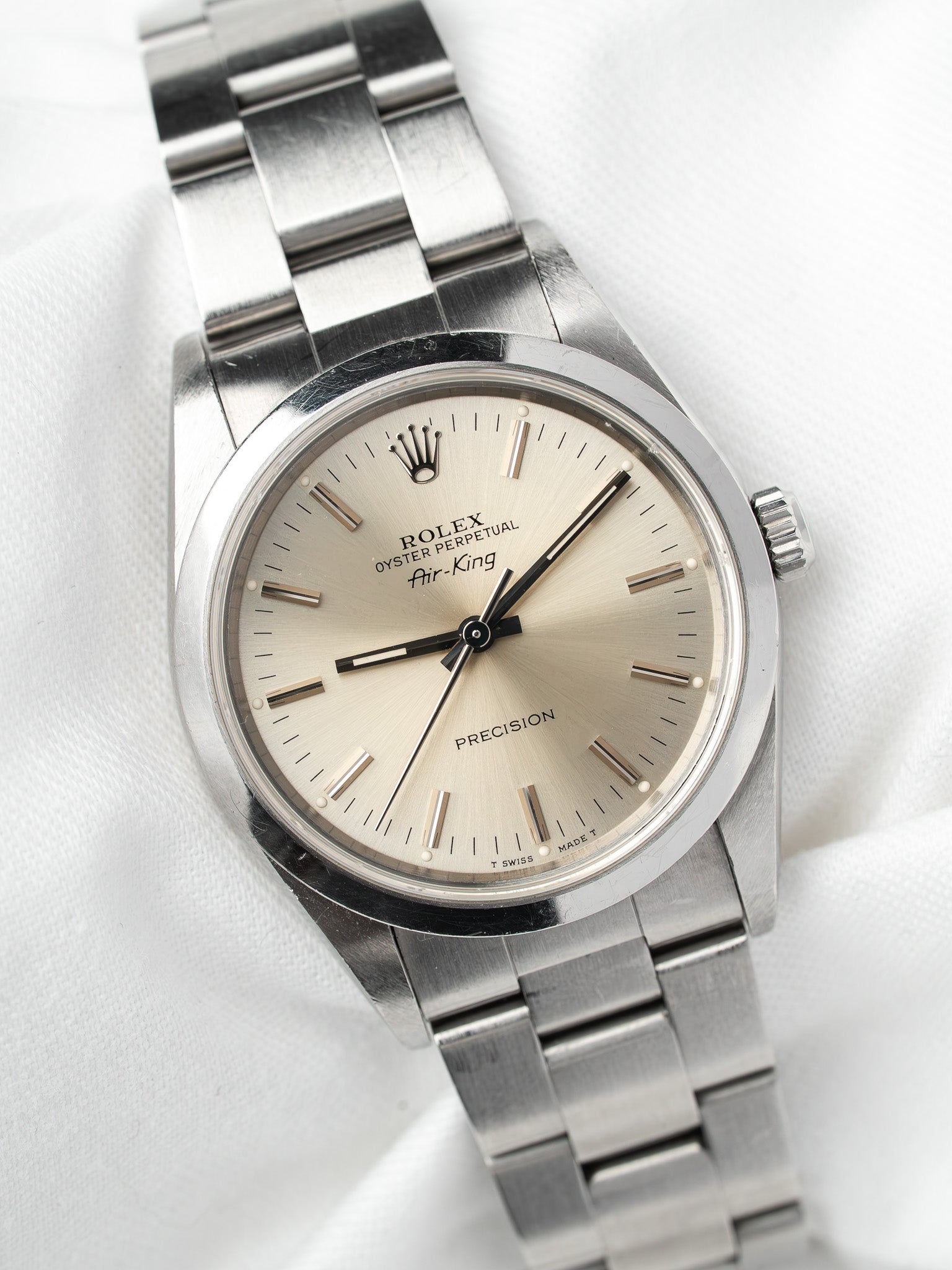 Rolex Air-King Watch 14000 Acero — Esfera plateada patinada (1991)