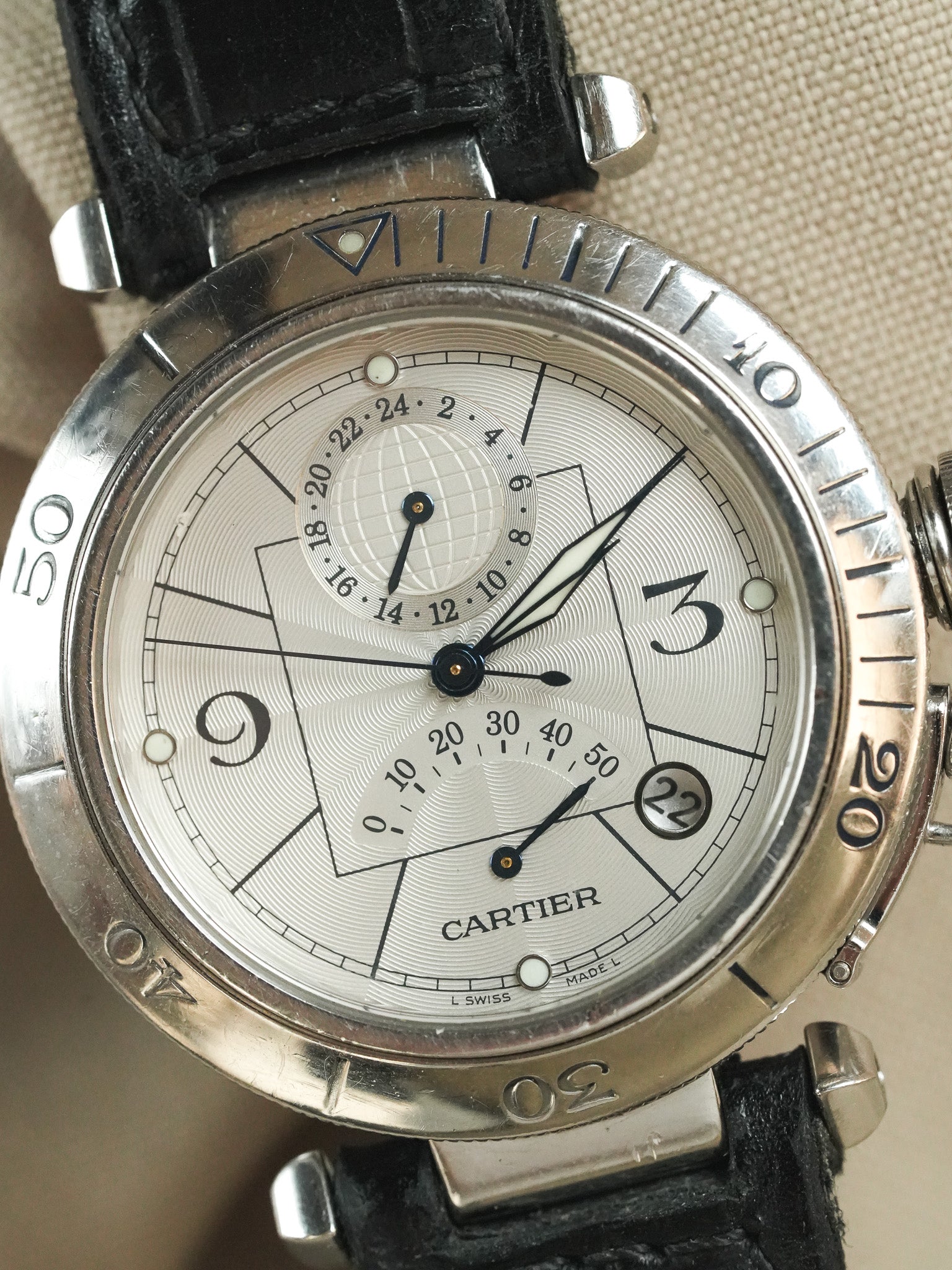Cartier - Pasha 2388 احتياطي الطاقة 24h جلد مشبك قابل للطي - 2000s