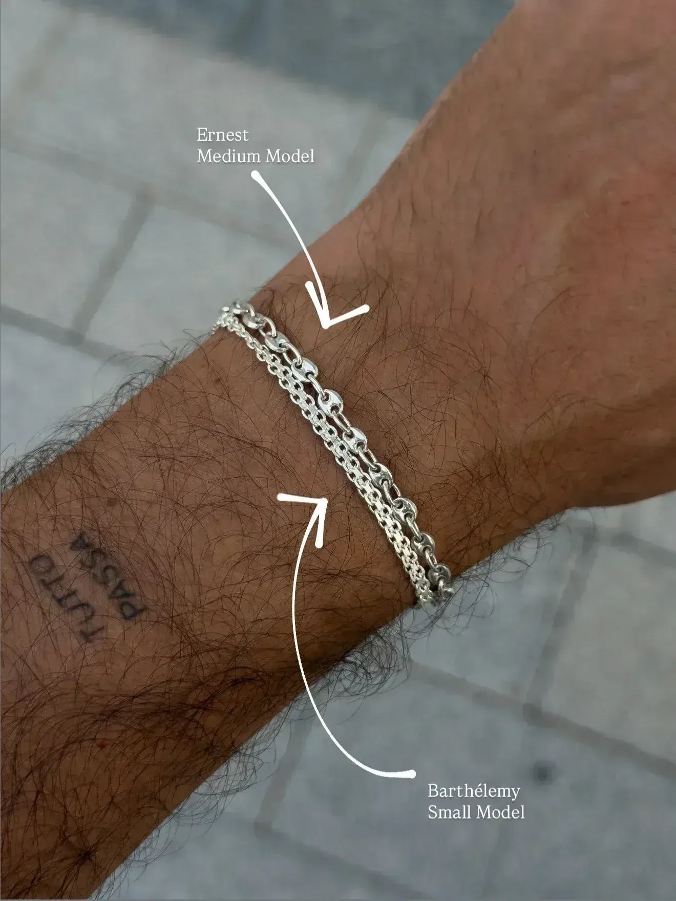 Ernest Medium and Barthélemy Small silver chain bracelets worn on wrist