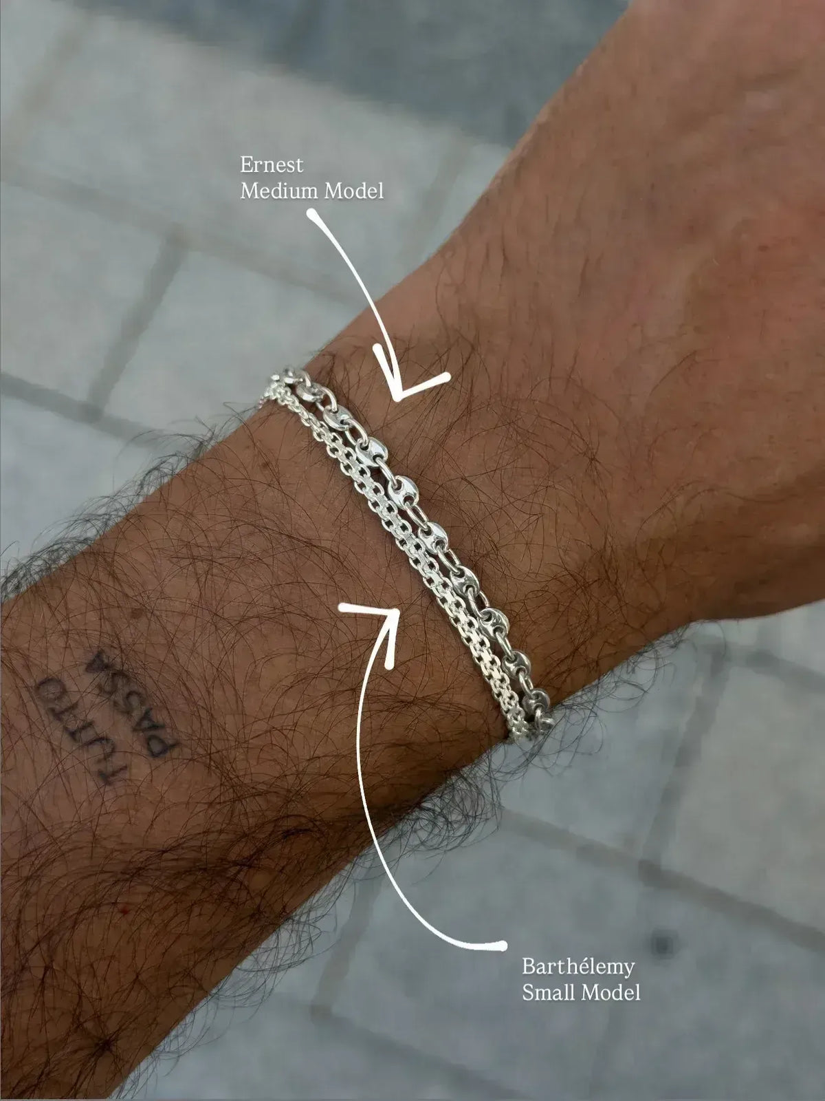 Ernest Medium and Barthélemy Small silver chain bracelets worn on wrist