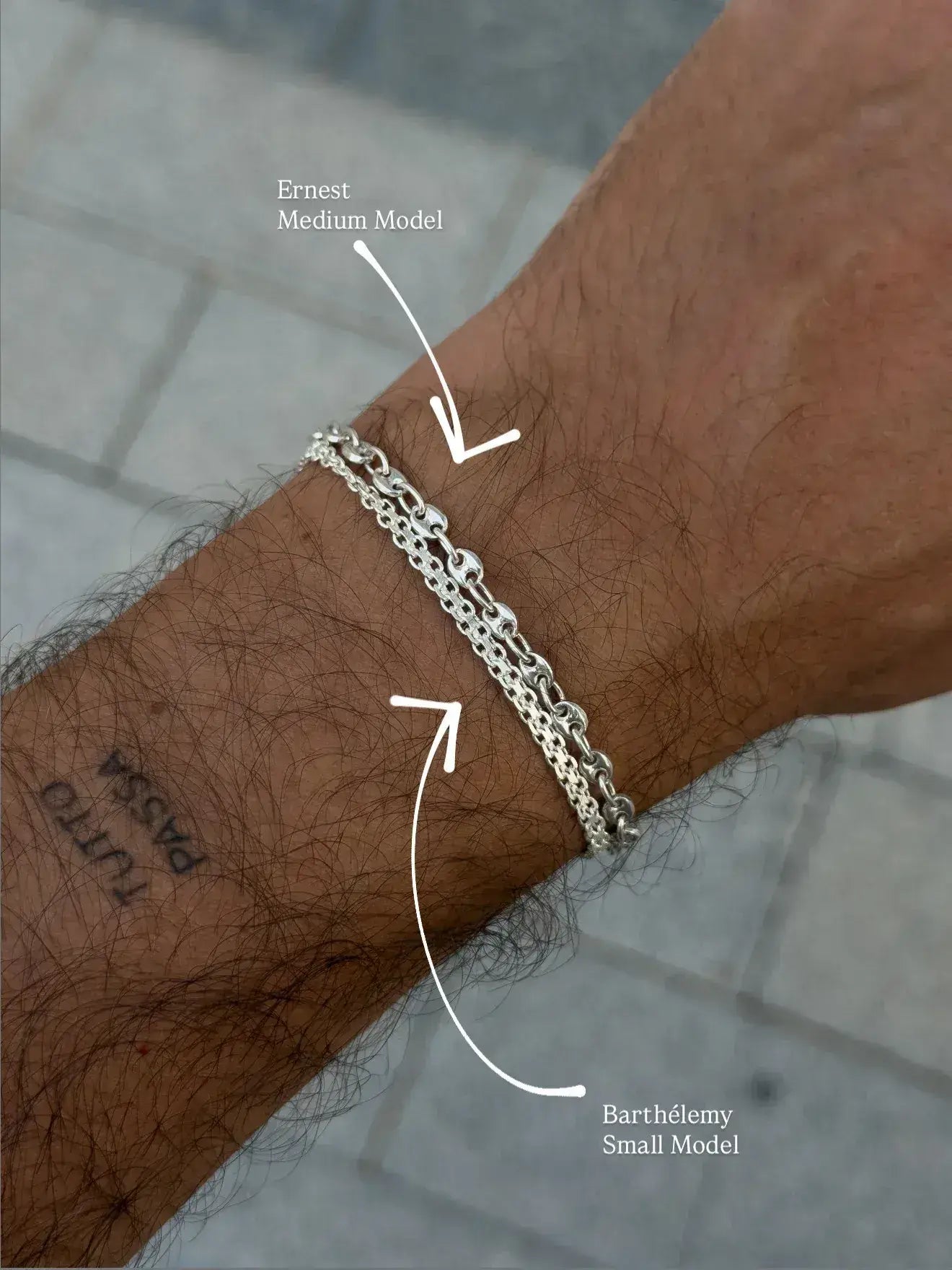Ernest Medium and Barthélemy Small silver chain bracelets worn on wrist