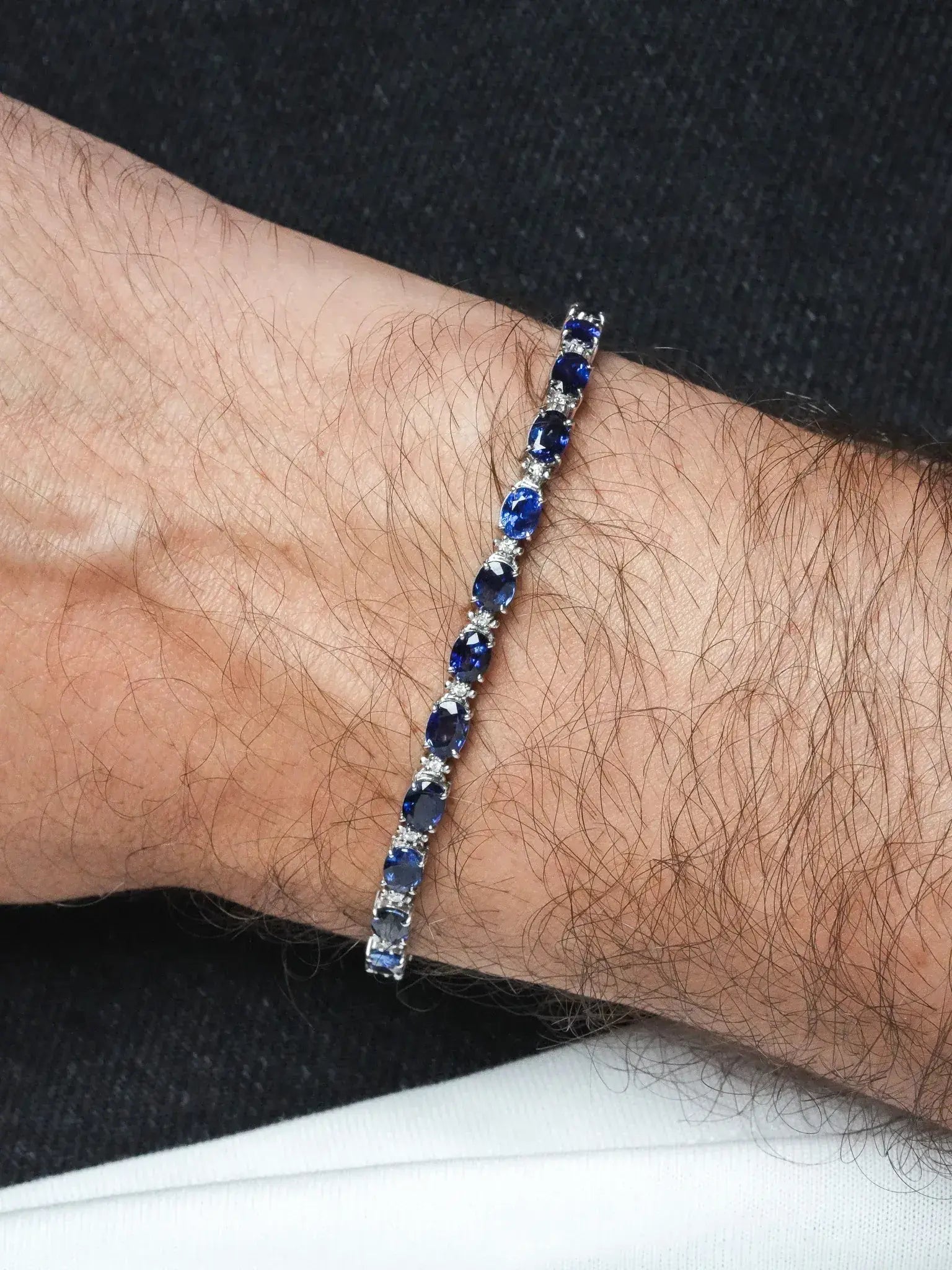 Bracelet Tennis Or Blanc 14k, Saphirs & Diamants – Hervelin – Moyen Modèle