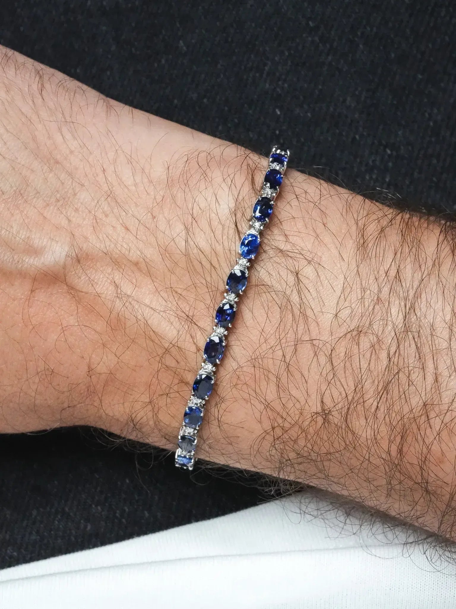 Bracelet Tennis Or Blanc 14k, Saphirs & Diamants – Hervelin – Moyen Modèle
