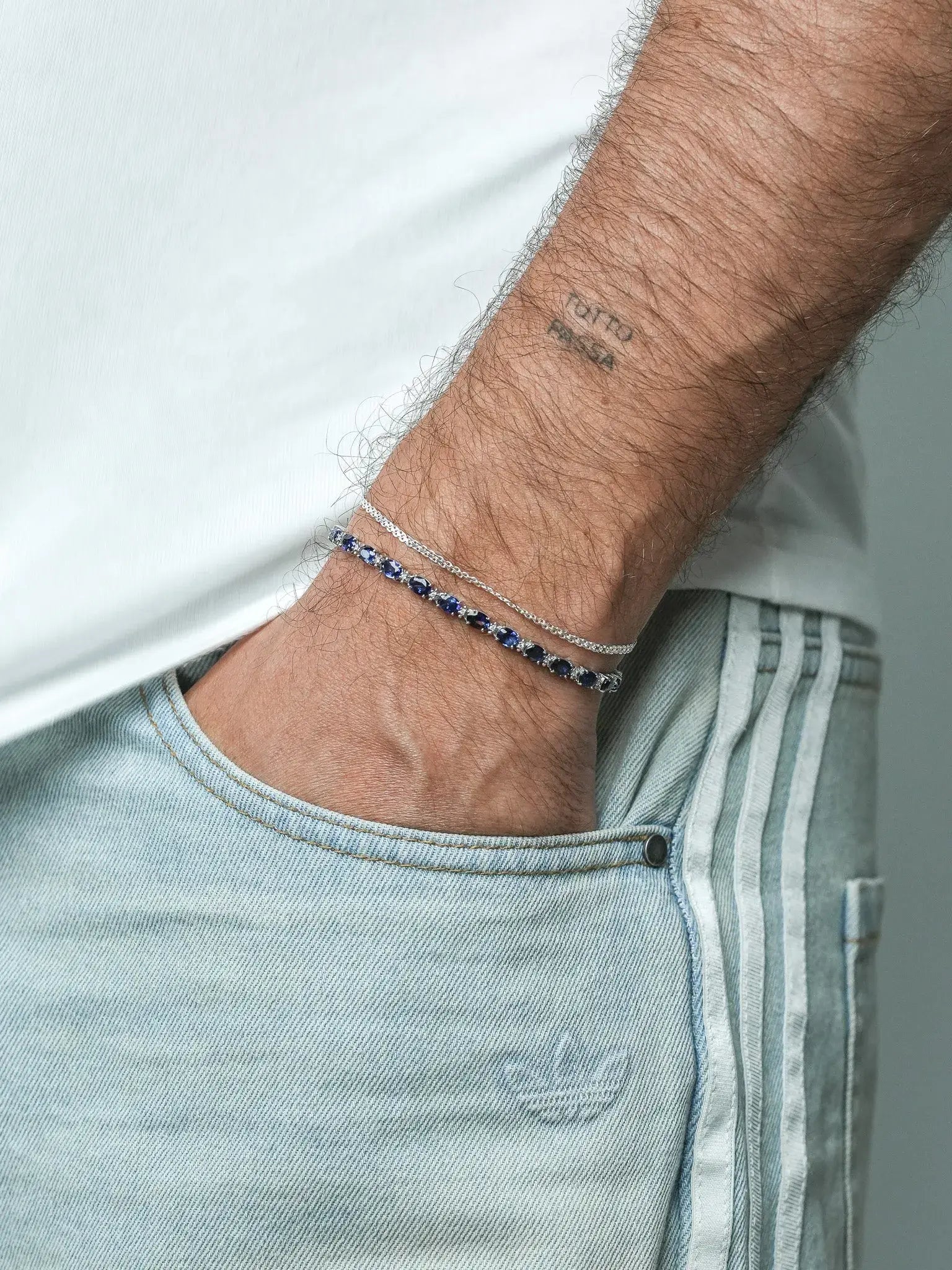 Bracelet Tennis Or Blanc 14k, Saphirs & Diamants – Hervelin – Moyen Modèle