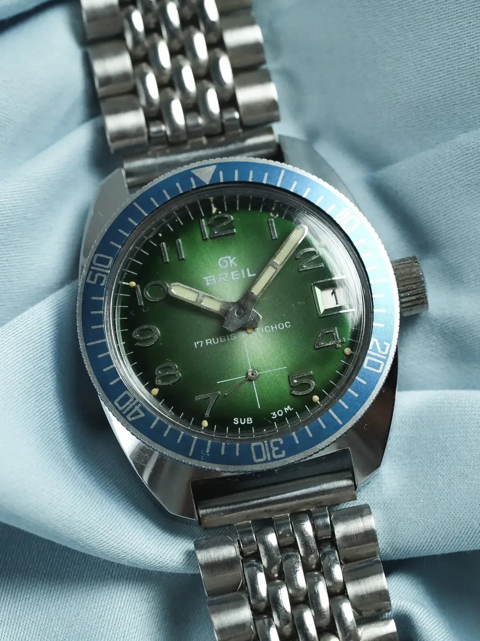 Breil - Plongeuse cadran vert lunette bleu - 1960s - Atelier Victor