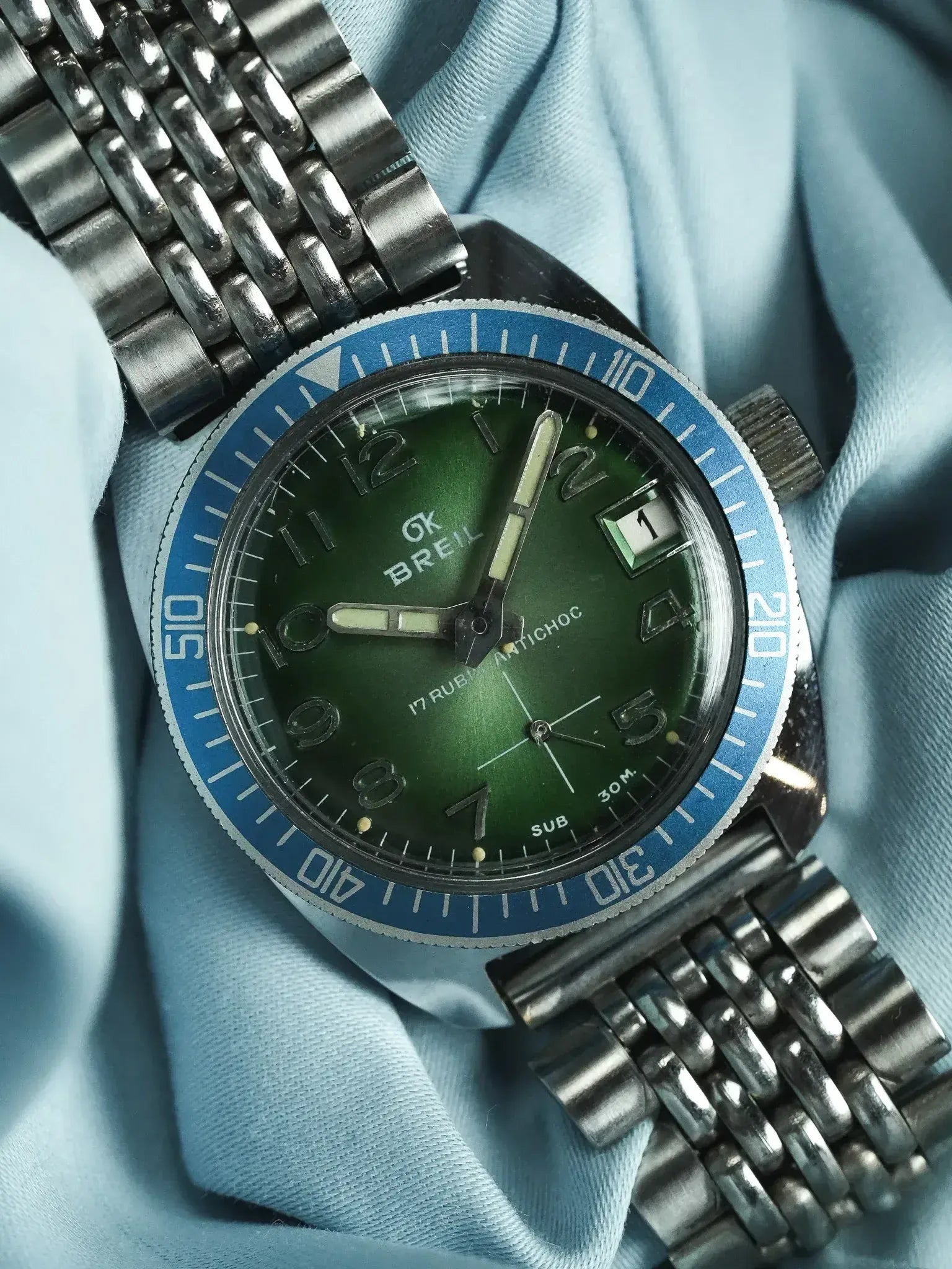 Breil - Plongeuse cadran vert lunette bleu - 1960s - Atelier Victor