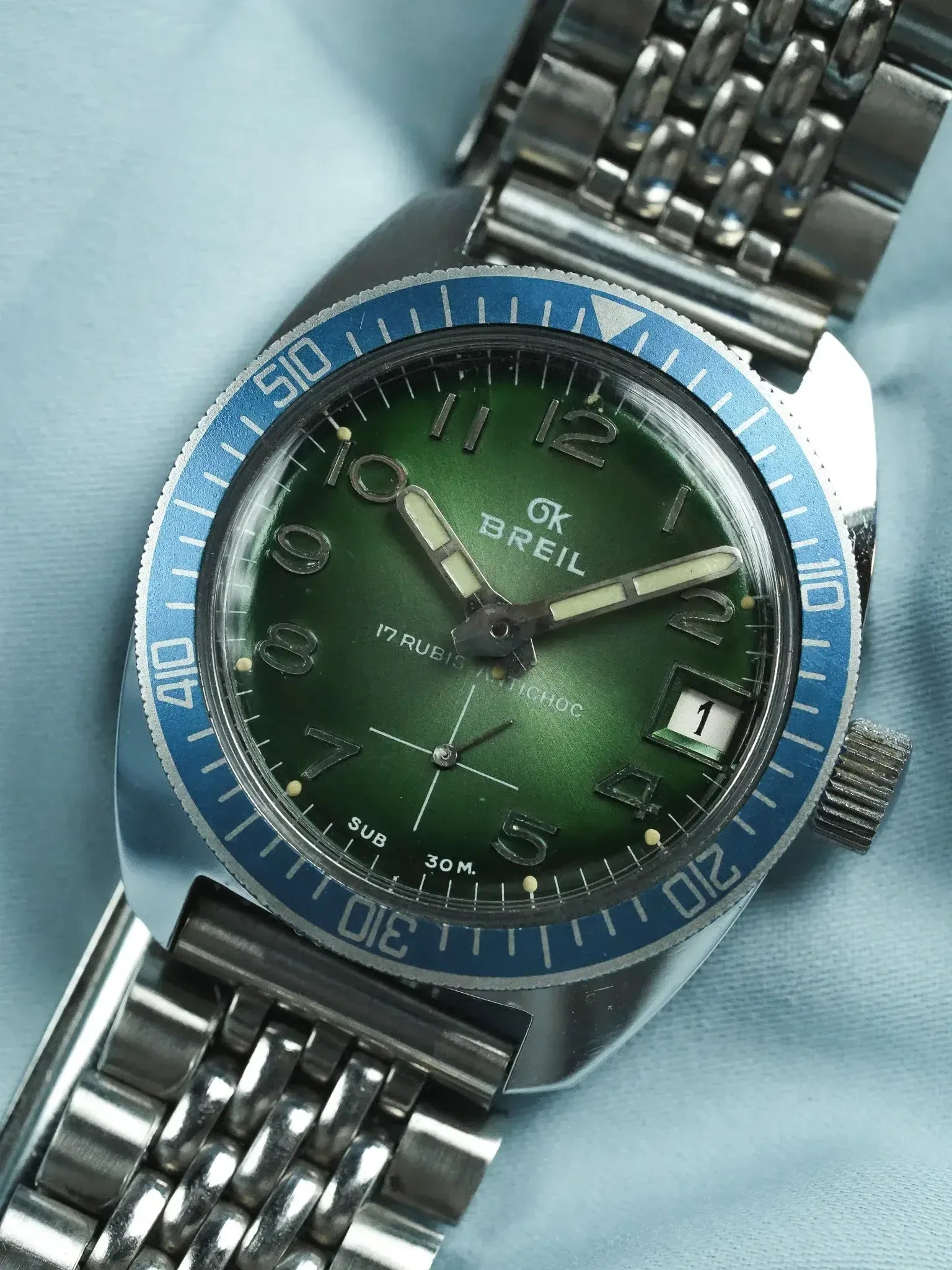 Breil - Plongeuse cadran vert lunette bleu - 1960s - Atelier Victor