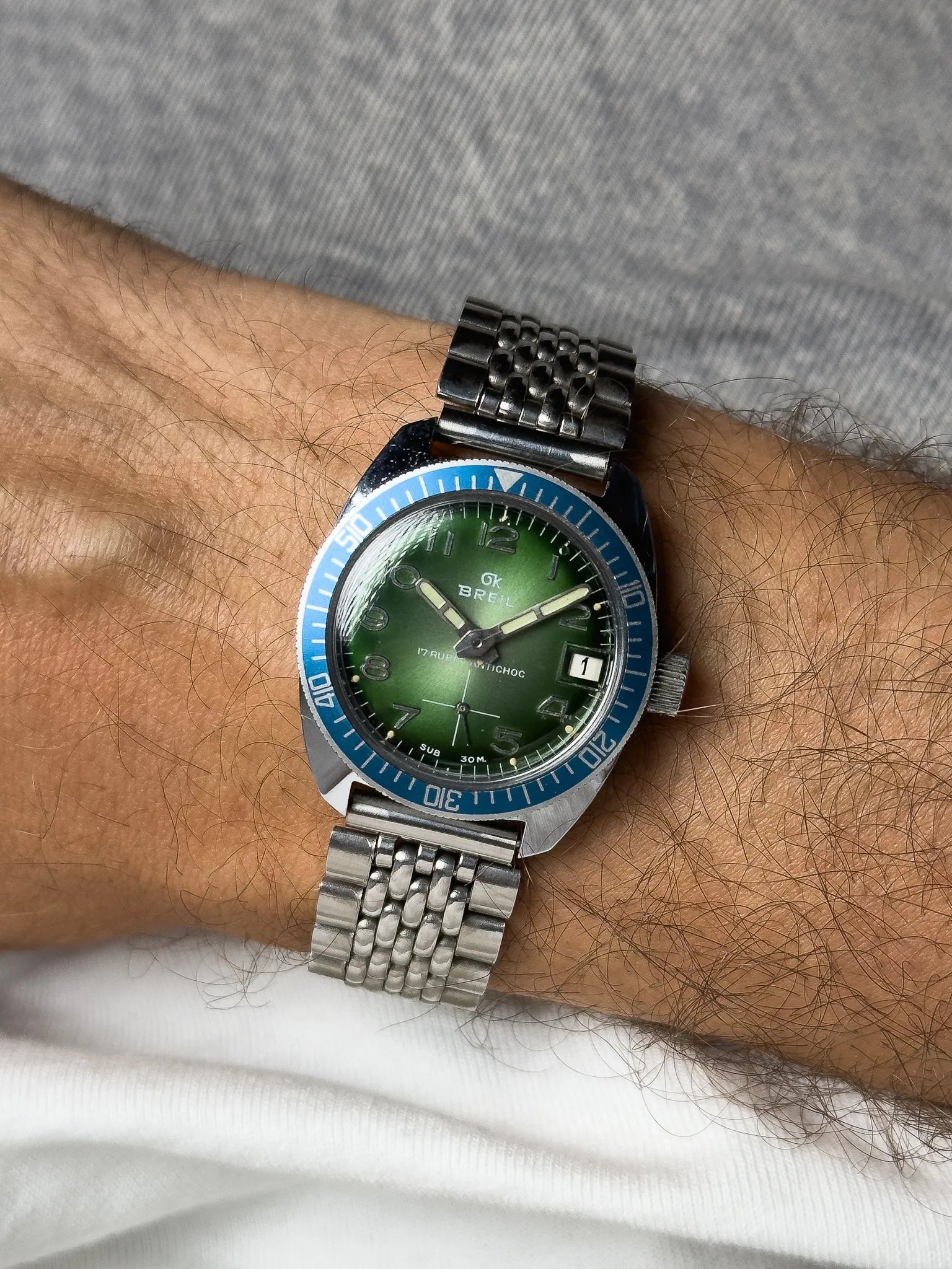 Breil - Plongeuse cadran vert lunette bleu - 1960s - Atelier Victor