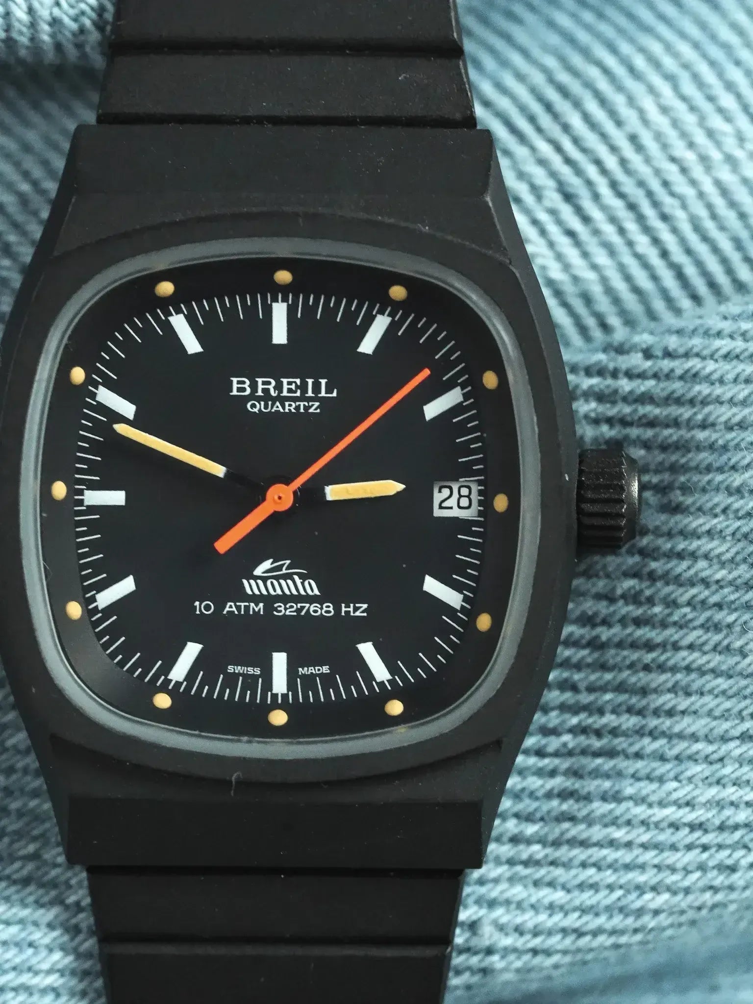 Breil - Tonneau Acier Noir Trotteuse Orange - NOS - 1980s - Atelier Victor