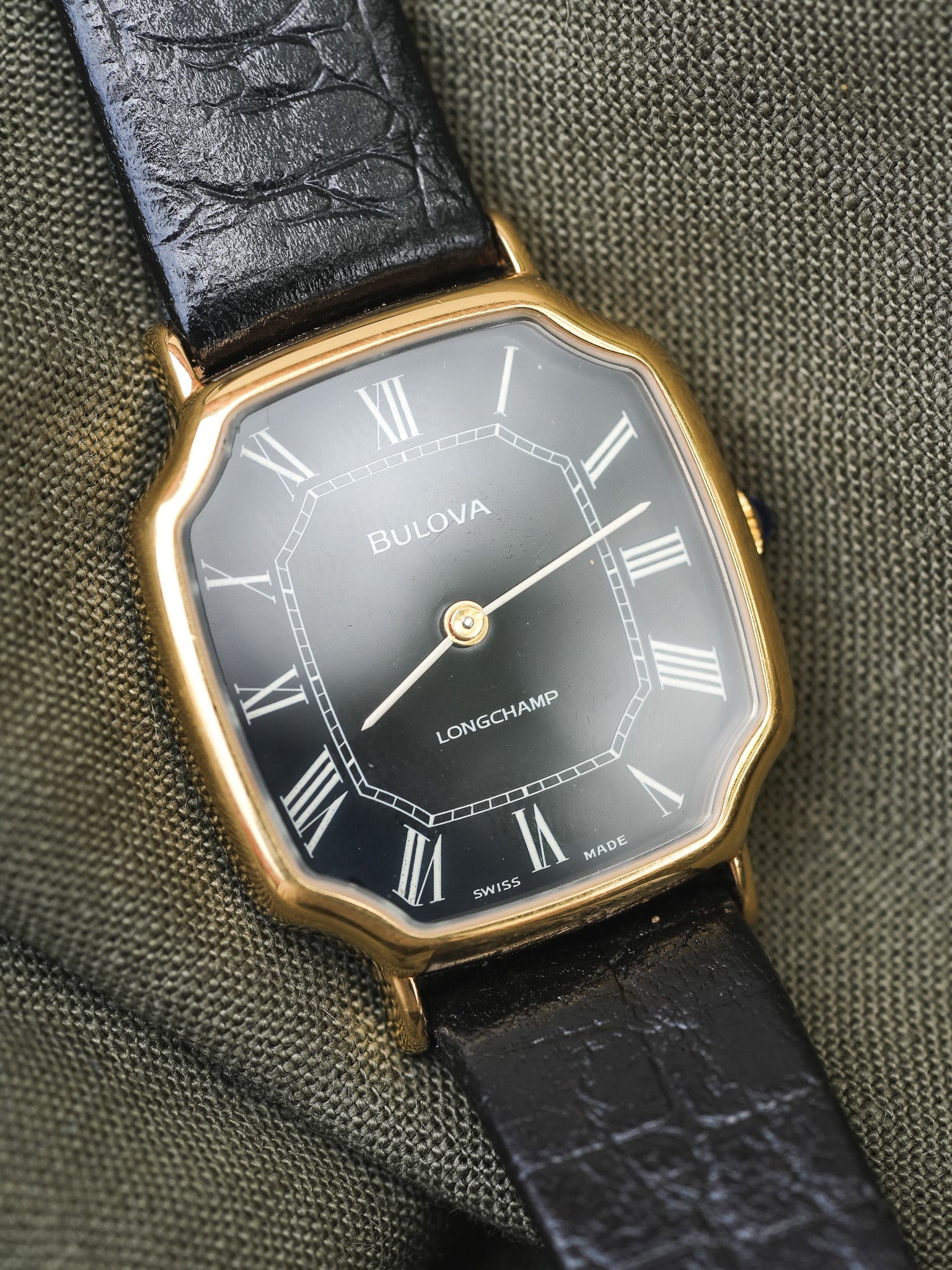 Bulova x Longchamp - Octogonale Noir Plaqué or - NOS - 1970s - Atelier Victor Paris - Vintage Watch Shop Dubai